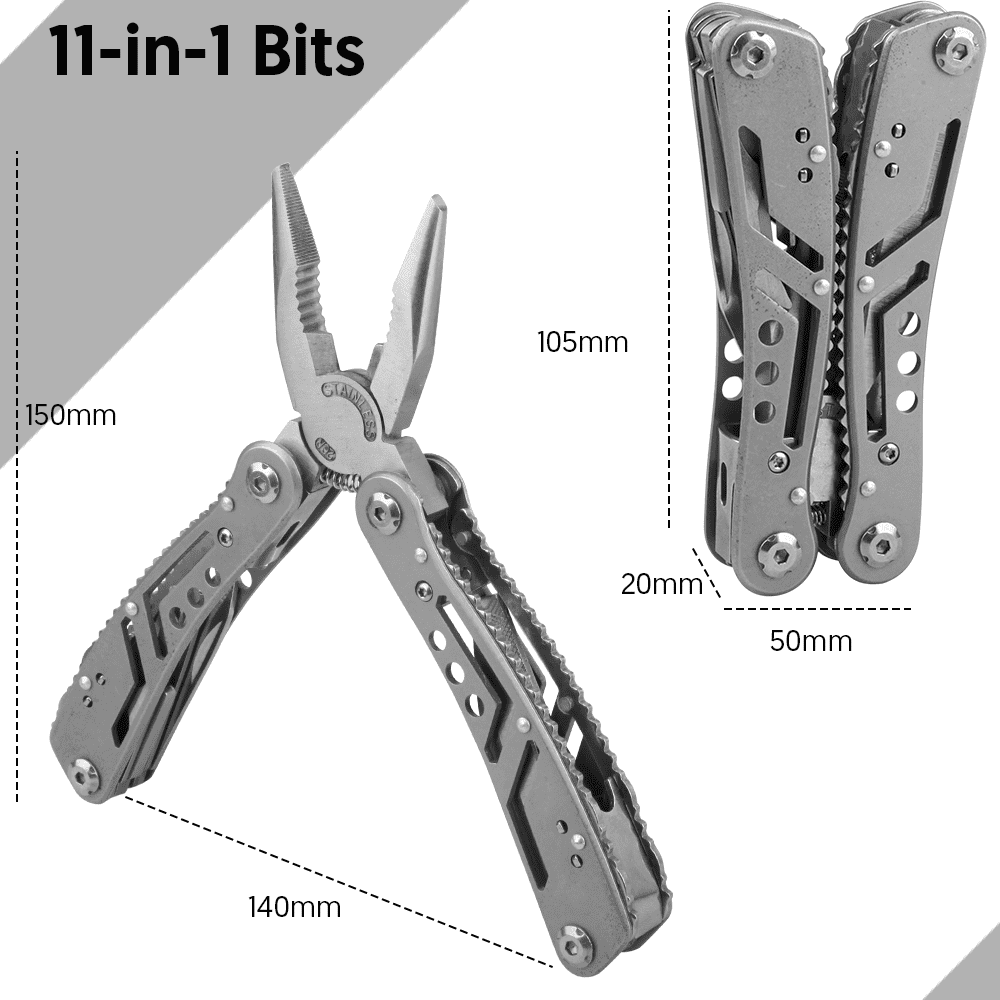 Ein silbernes Multitool mit geöffneter Zange, Maße 150mm x 140mm.