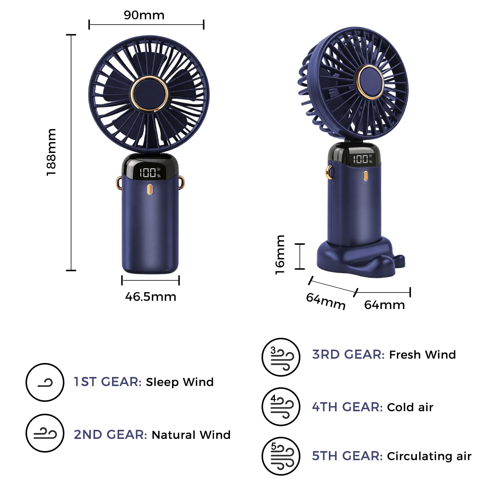 Blauer Handventilator mit Digitalanzeige und Geschwindigkeitsoptionen.