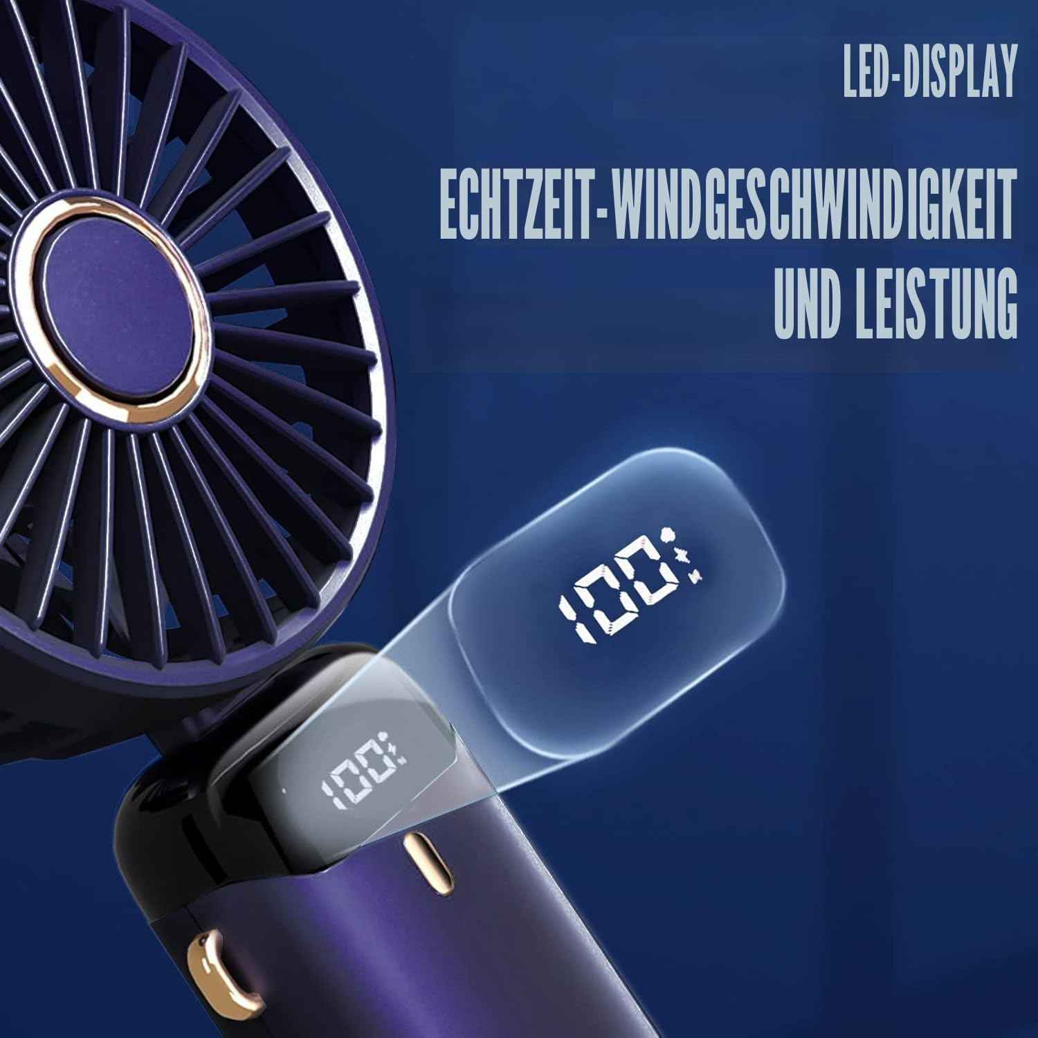 Ein violetter Ventilator mit LED-Anzeige zeigt 100% an. Text: LED-DISPLAY. ECHTZEIT-WINDGESCHWINDIGKEIT UND LEISTUNG.