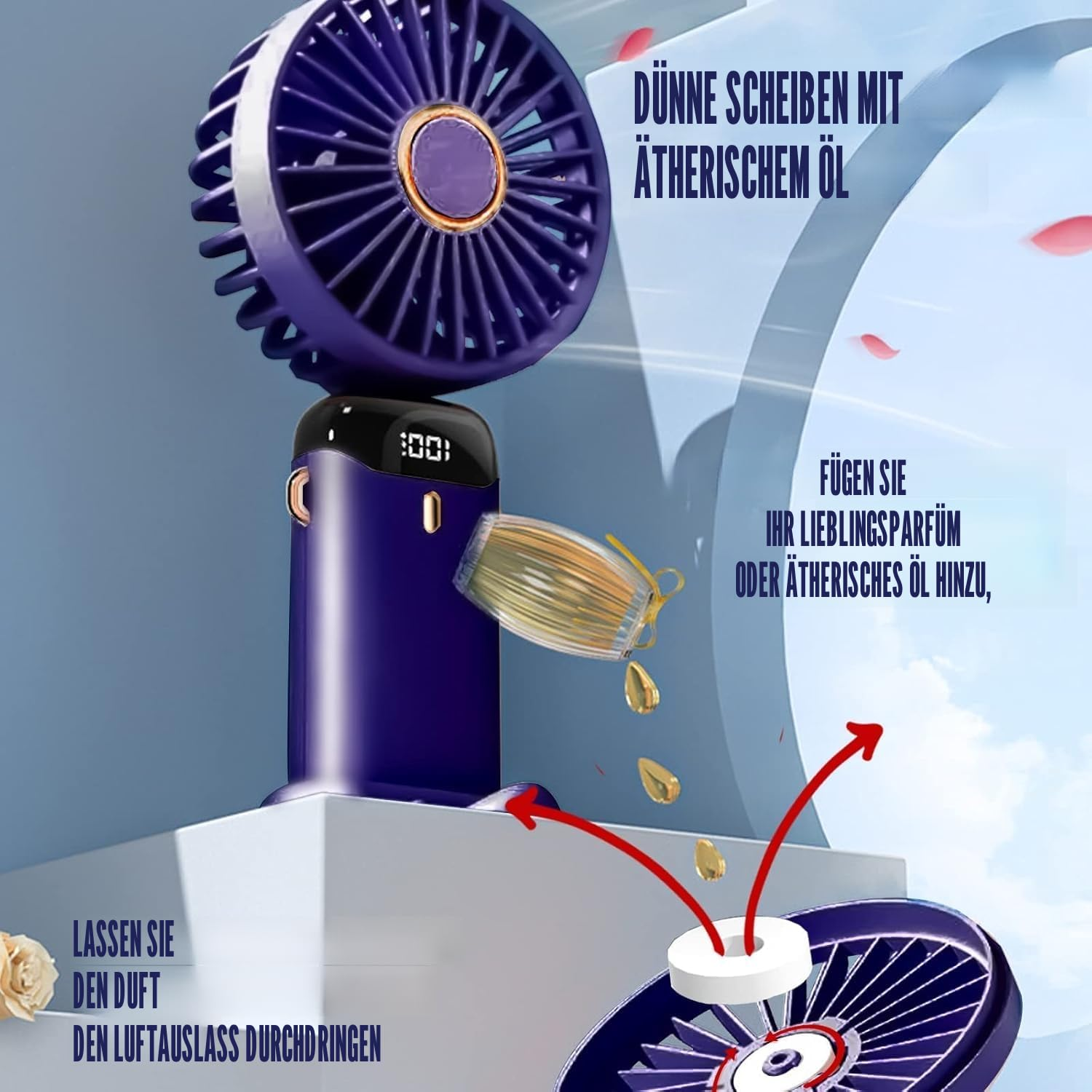 Lila Ventilator mit Aromaöl-Spender, der Duft verbreitet.