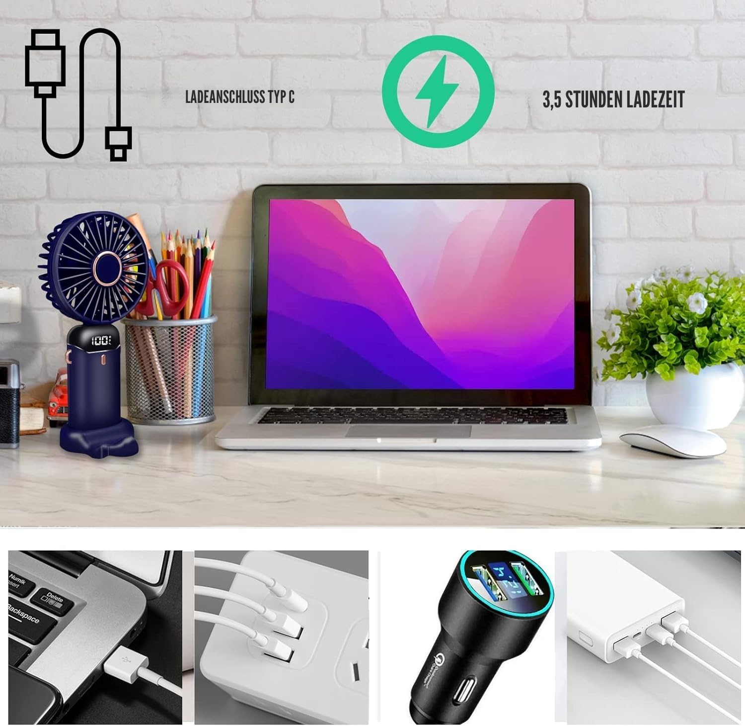 Ein Schreibtisch mit Laptop, Lüfter, Stiften, Ladekabel, Ladegeräten und Powerbank.