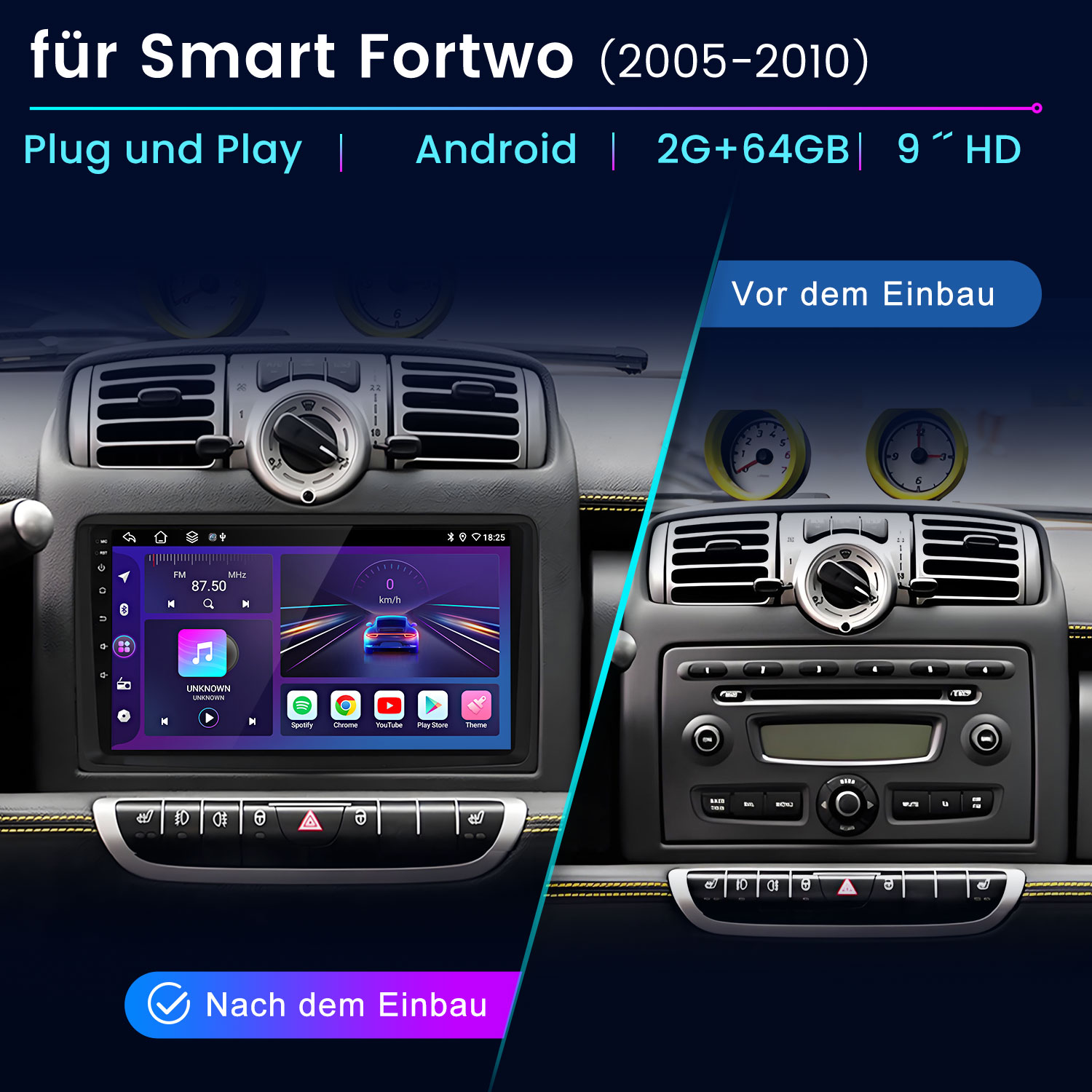Vergleich eines Smart Fortwo Armaturenbretts vor und nach dem Einbau eines neuen Infotainmentsystems.