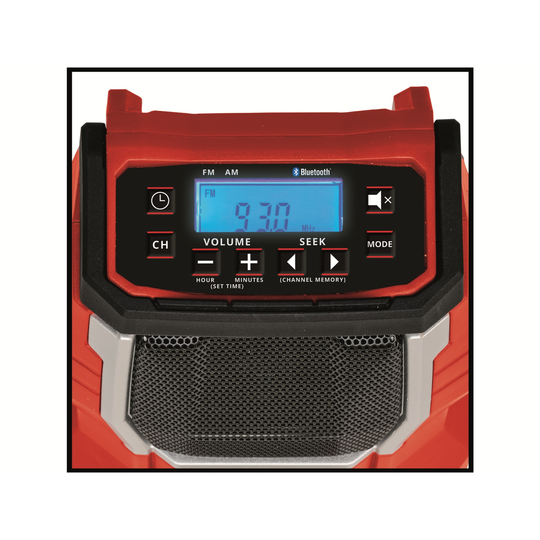 Rotes Radio mit blauem LCD-Display, das 93.0 MHz anzeigt.
