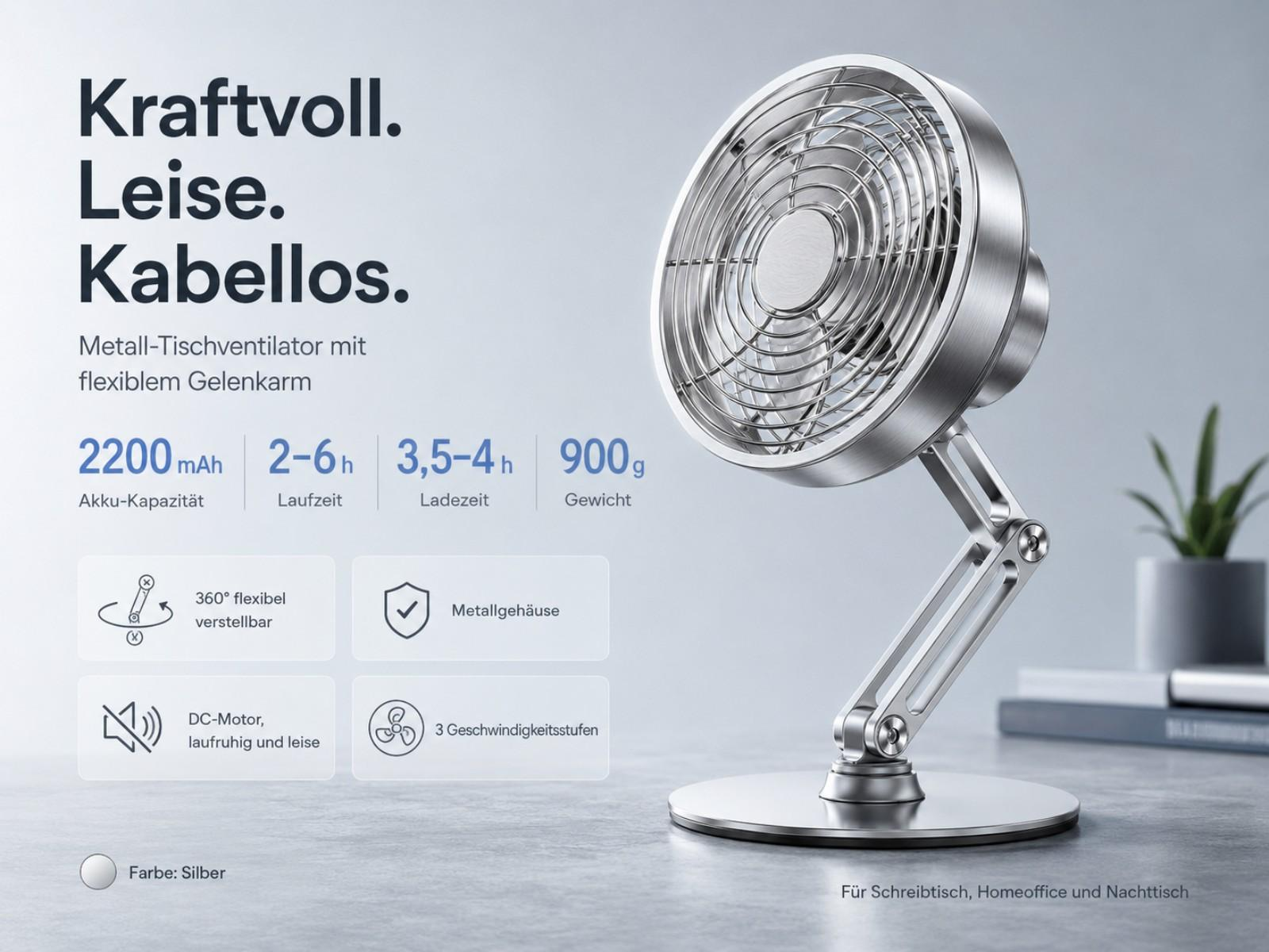 Silberner Metall-Tischventilator mit flexibel Gelenkarm, Akku, Ladezeit, Gewicht.