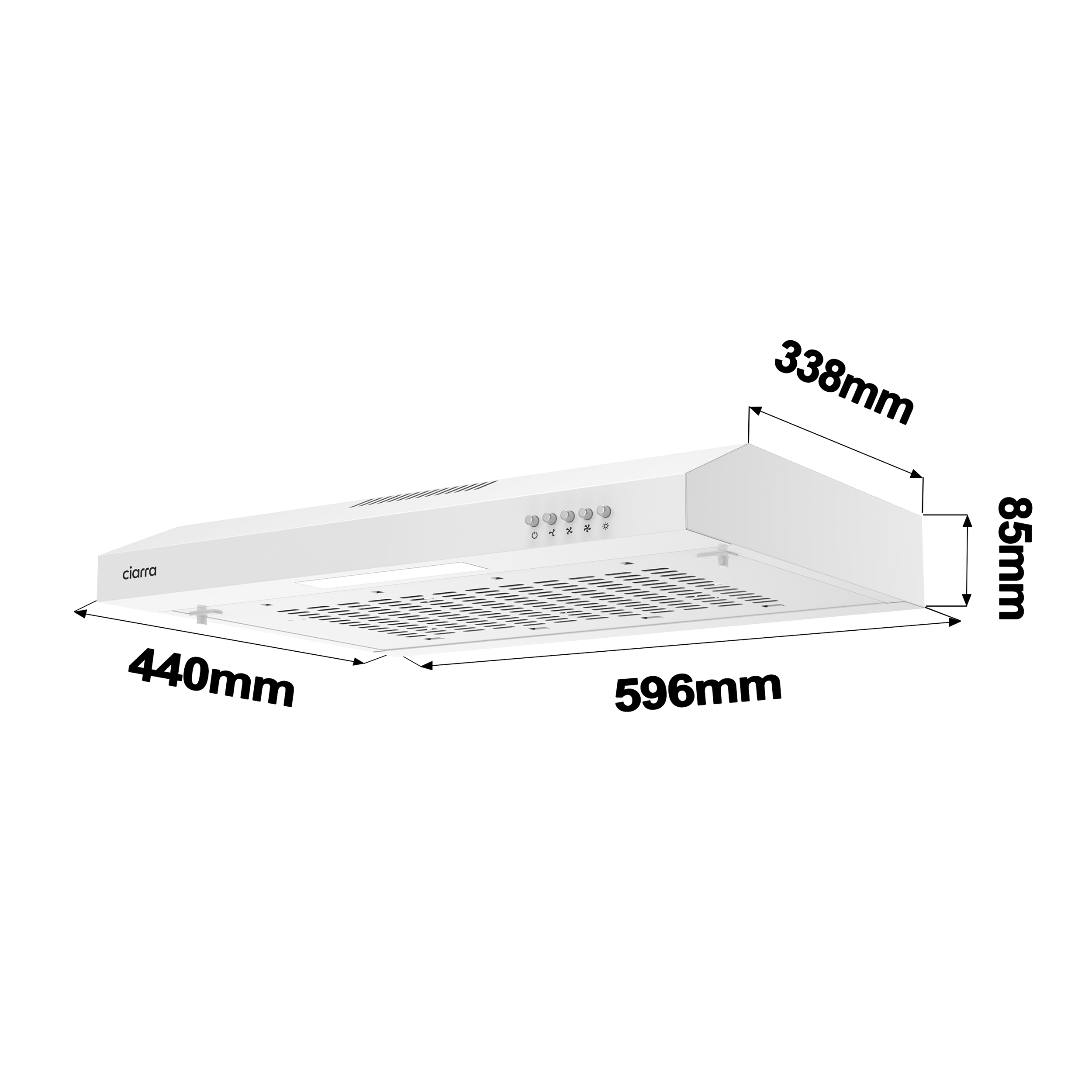 Weiße Dunstabzugshaube mit Maßen 596x440x338mm und 85mm Höhe.