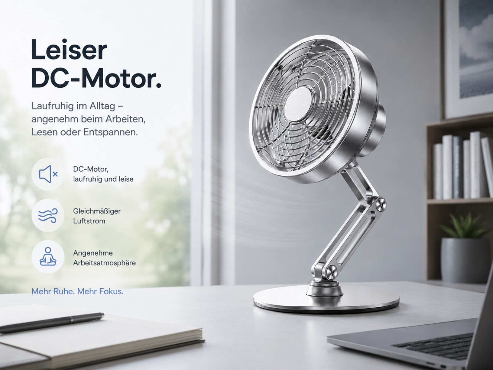 Ein silberner Tischventilator mit schwenkbarem Arm auf einem Schreibtisch.