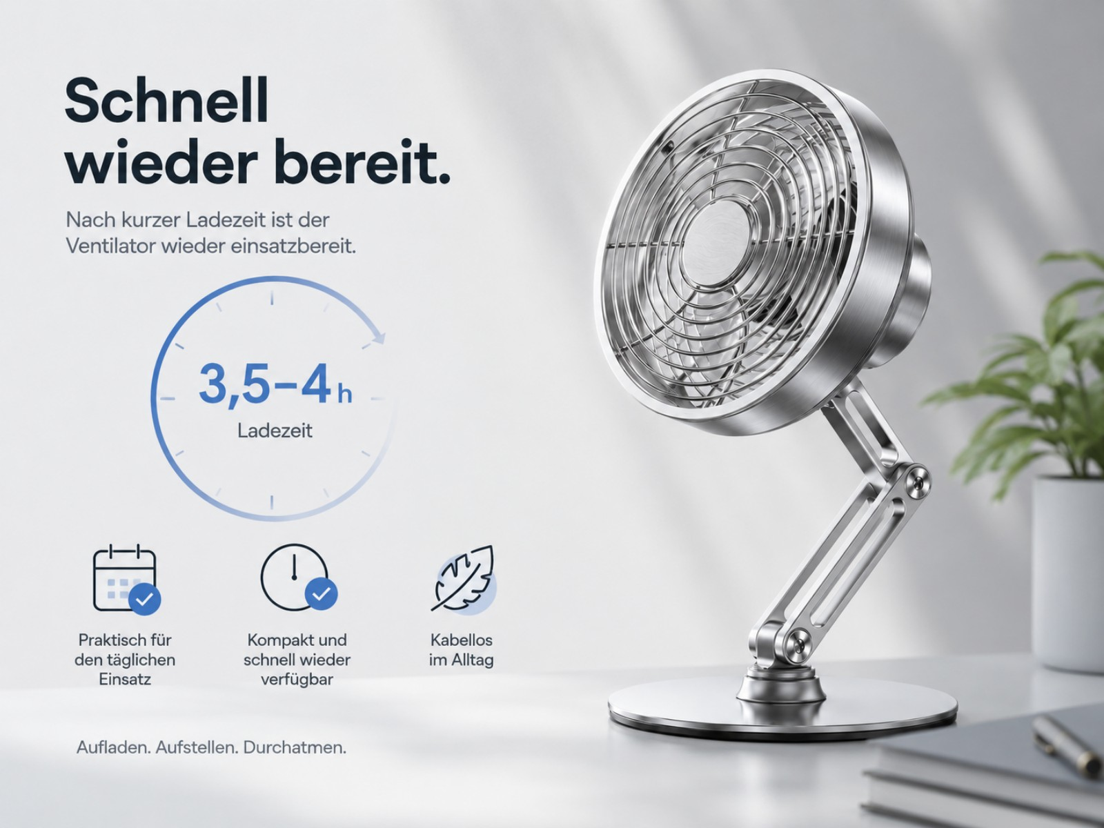 Ein silberner Tischventilator mit Ladeanzeige und drei Icons für täglichen Einsatz.