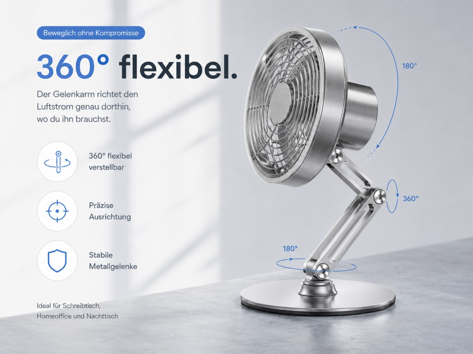Ein silberner Tischventilator mit flexiblem Arm auf einem grauen Tisch.