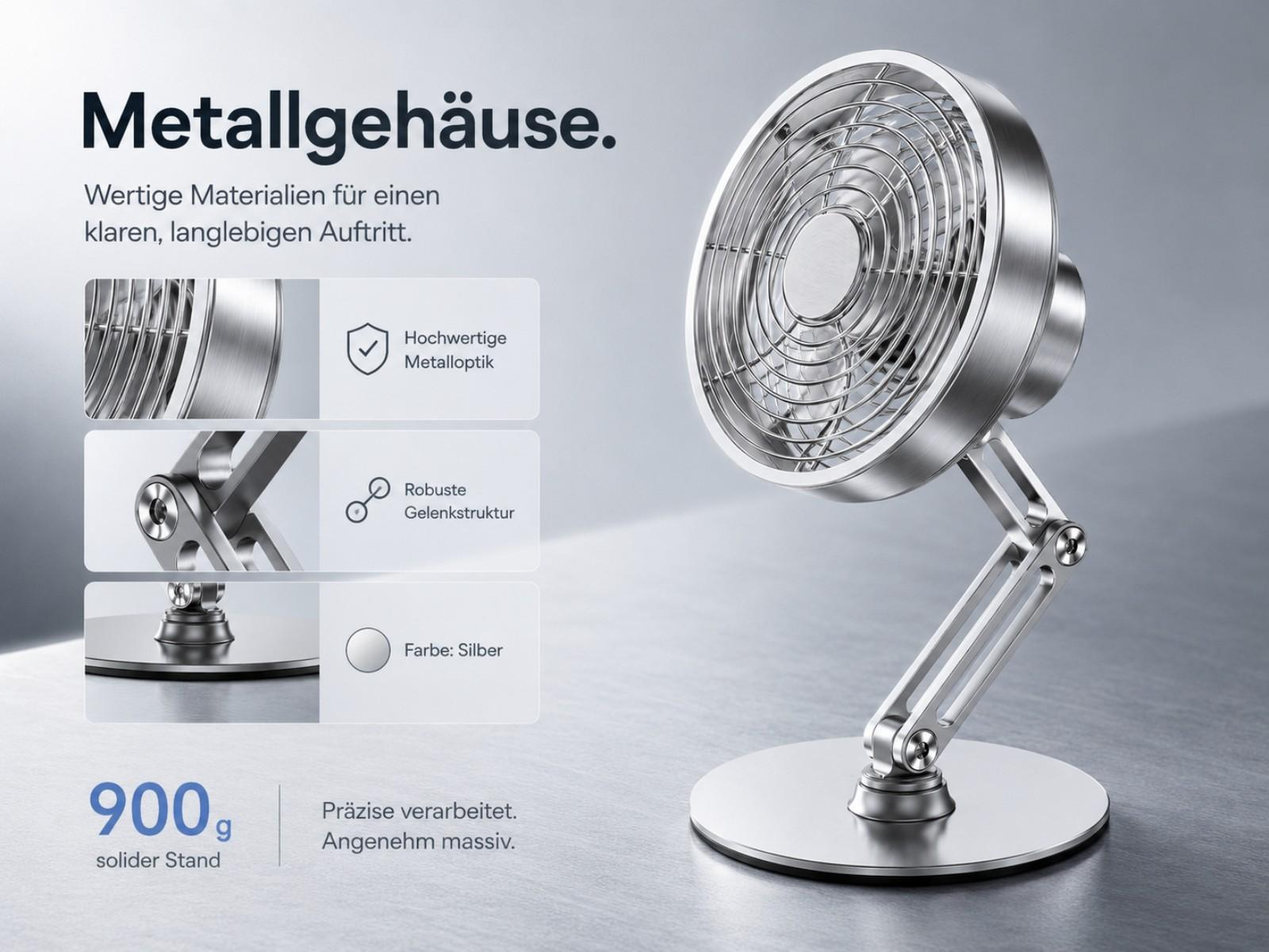 Ein silberner Metallventilator mit verstellbarem Arm und rundem Sockel.