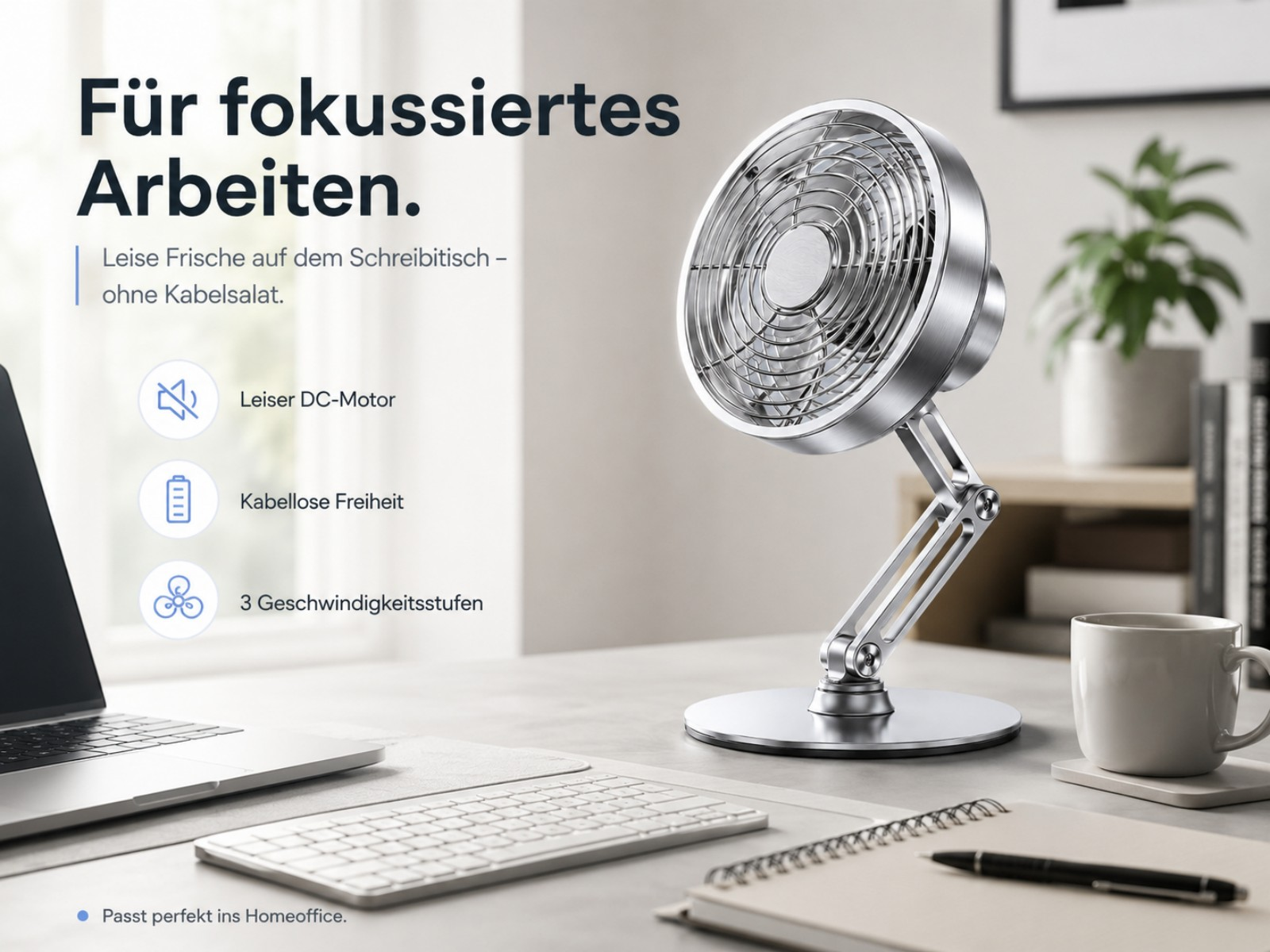 Ein silberner Schreibtischventilator mit Laptop, Tastatur und Notizbuch.