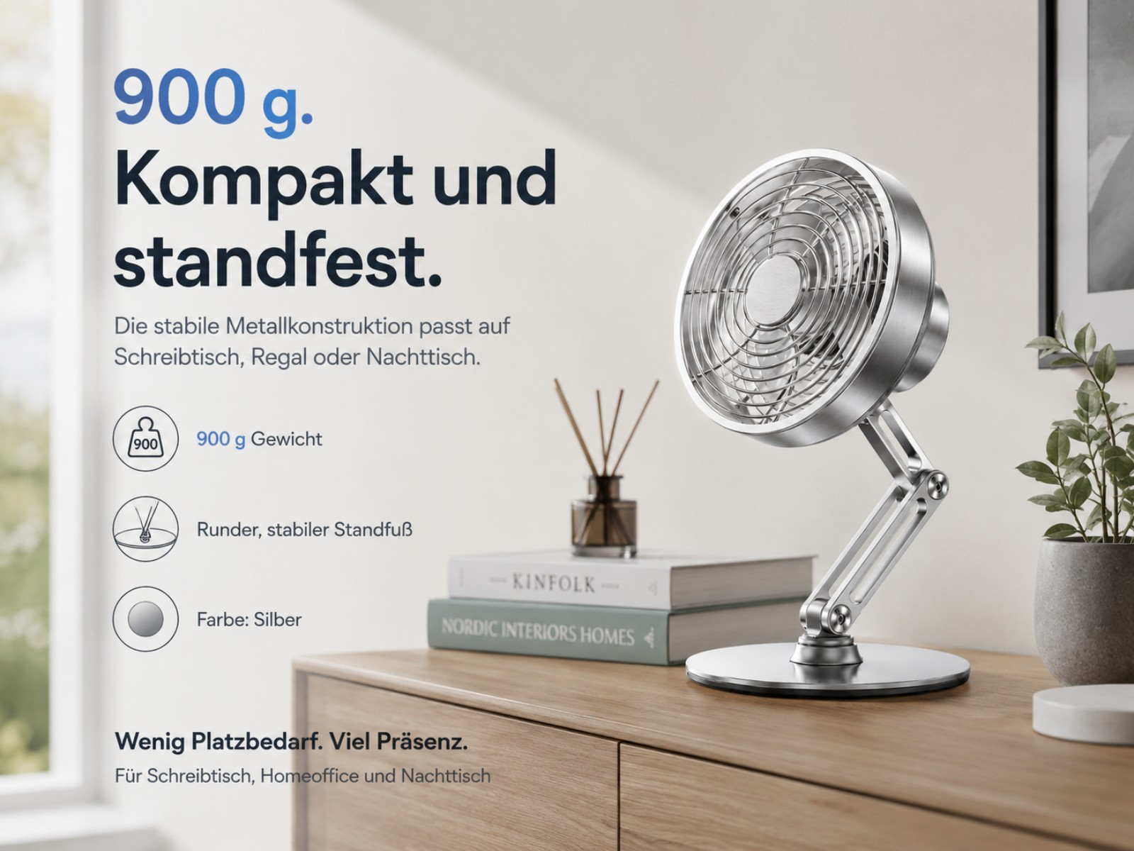 Silberner Tischventilator mit 900g Gewicht, stabil und kompakt.