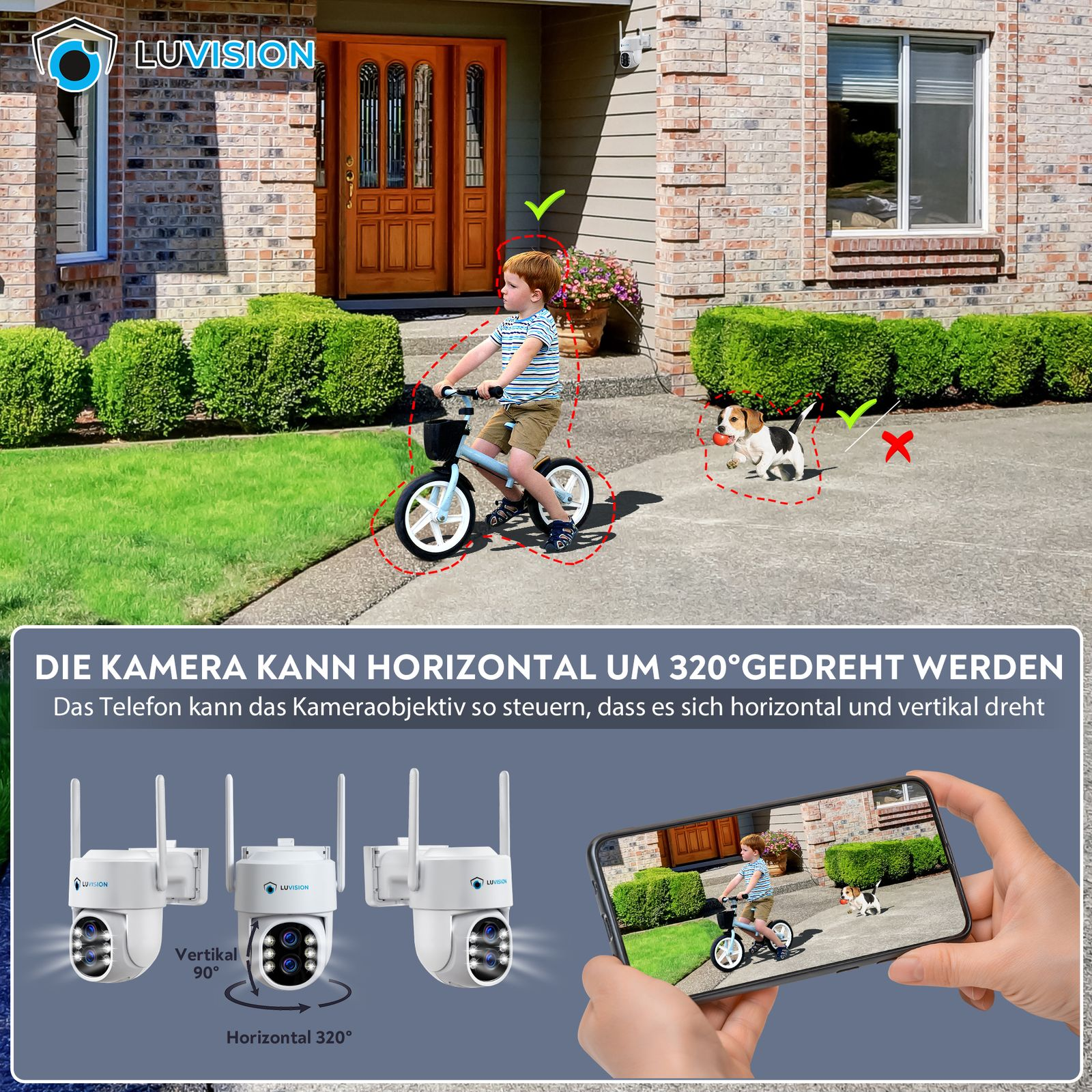 Ein Junge fährt Fahrrad, ein Hund spielt mit einem Ball vor einem Haus.