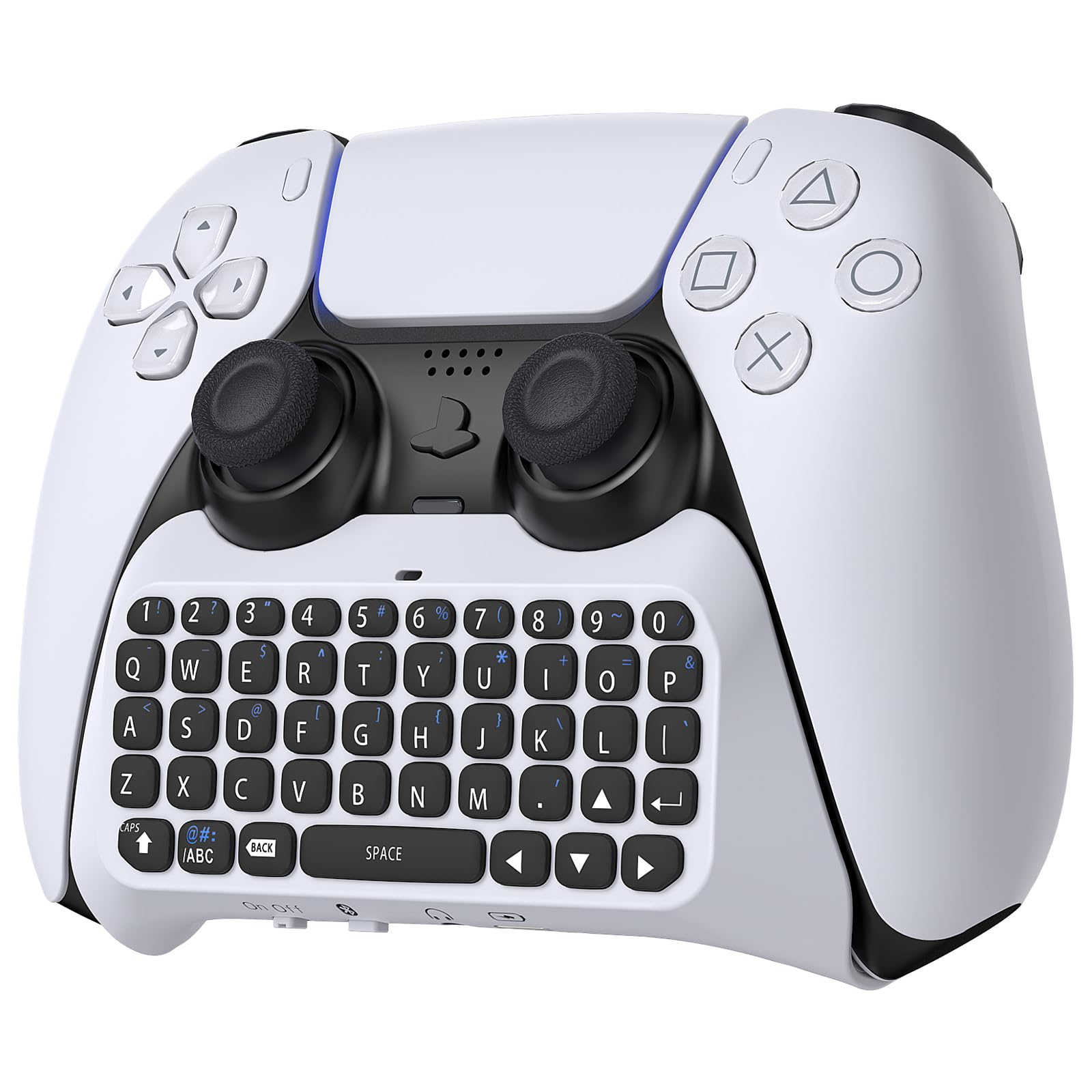 Ein weißer Gaming-Controller mit angebrachter Mini-Tastatur und Joysticks.