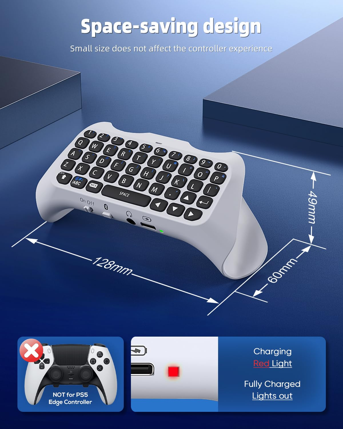 Kompakte weiße Tastatur mit Maße und Ladeanzeige. Nicht für PS5 Edge Controller.