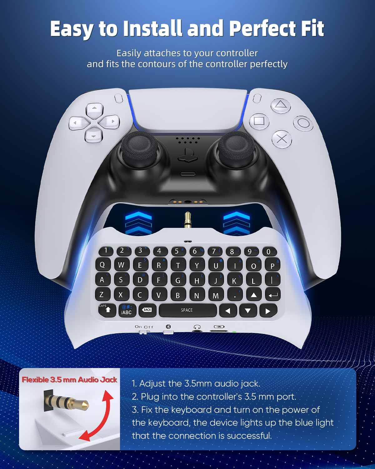 Ein weißer Controller mit aufgesetzter Tastatur und 3,5-mm-Audiobuchse.
