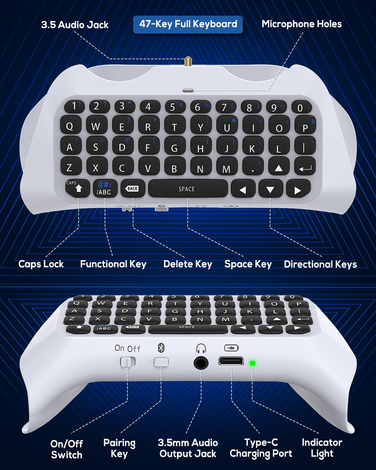 Ein weißes 47-Tasten-Keyboard mit Anschlüssen und Mikrofonlöchern, oben und unten.