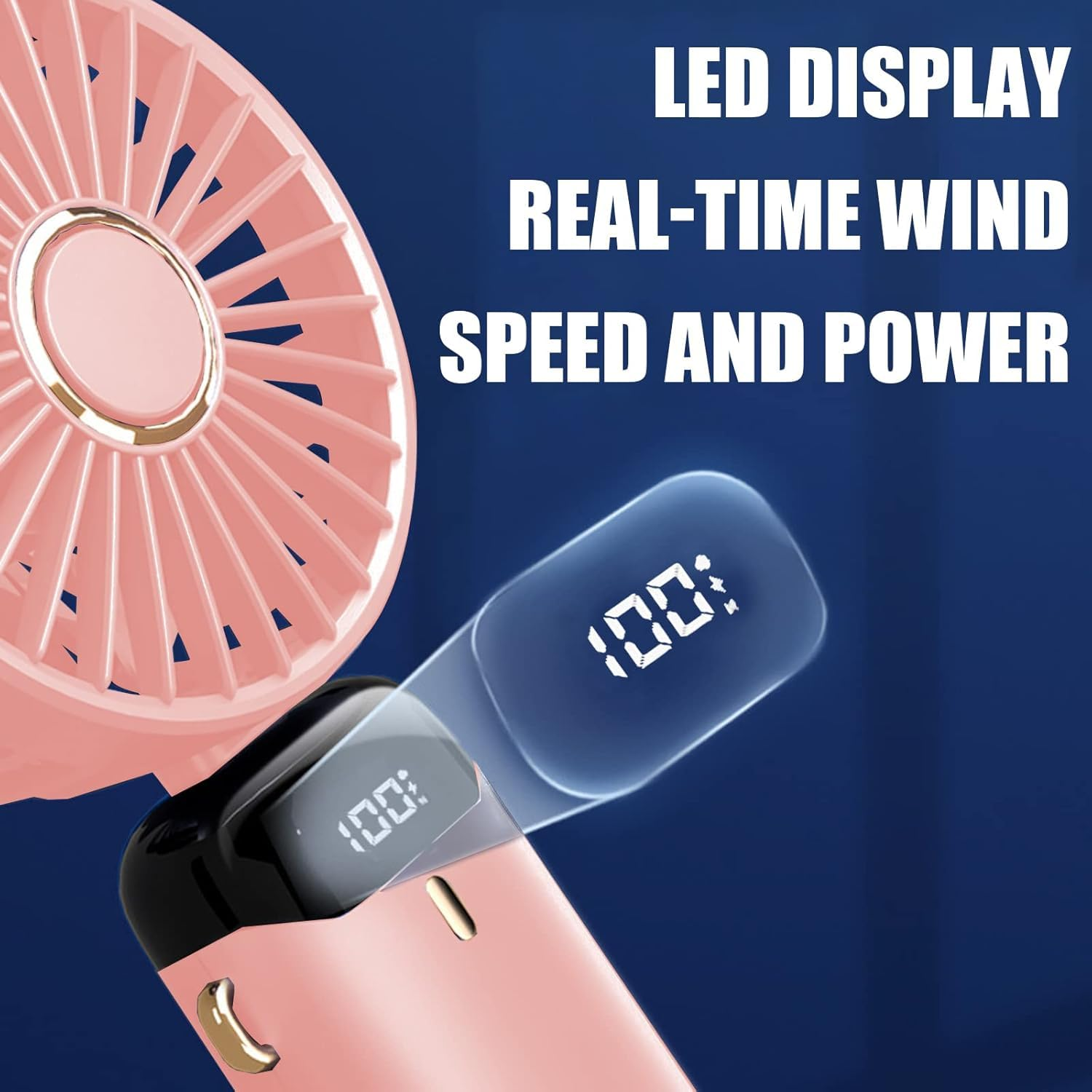 Ein rosafarbener Ventilator mit LED-Anzeige zeigt 100% an.