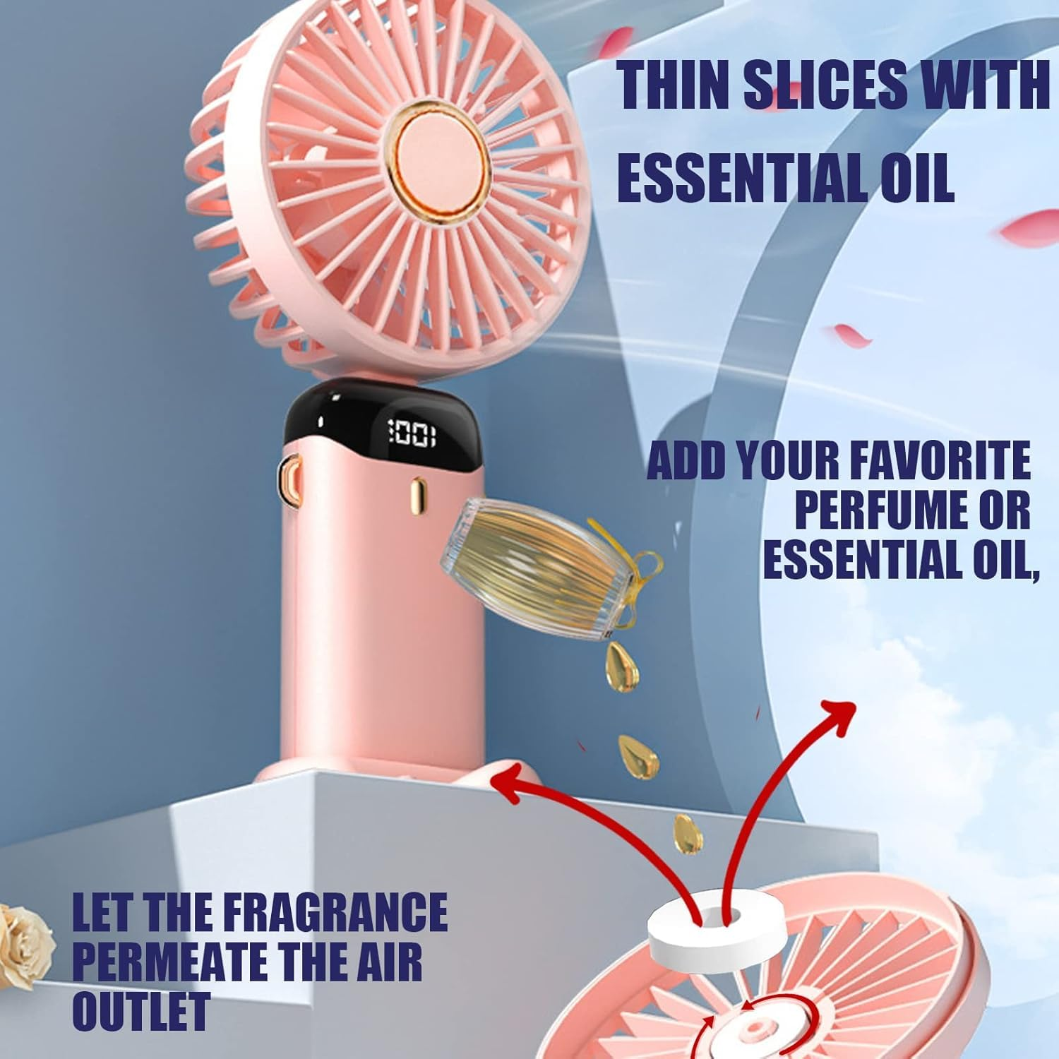 Ein rosa Ventilator mit einem digitalen Display gibt duftende Öltropfen ab.