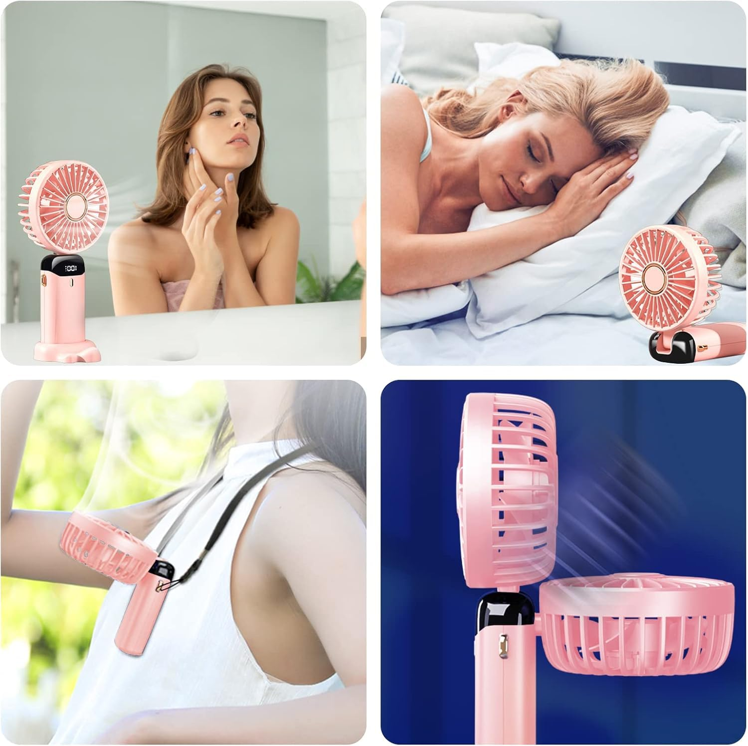 Ein rosa Handventilator wird auf verschiedene Arten gezeigt: auf einem Schminktisch, neben einem schlafenden Mädchen, um den Hals und im Detail.