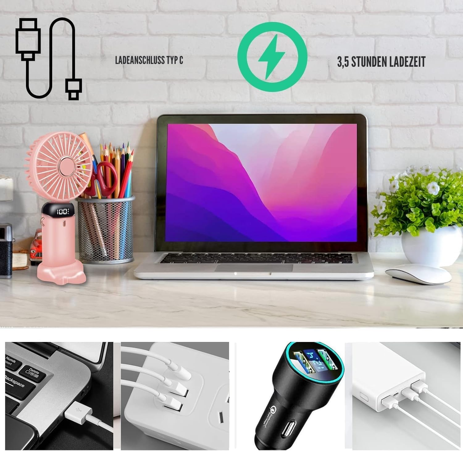 Ein Schreibtisch mit einem Laptop, Lüfter, Stiften, Maus und einem Pflanzenarrangement.