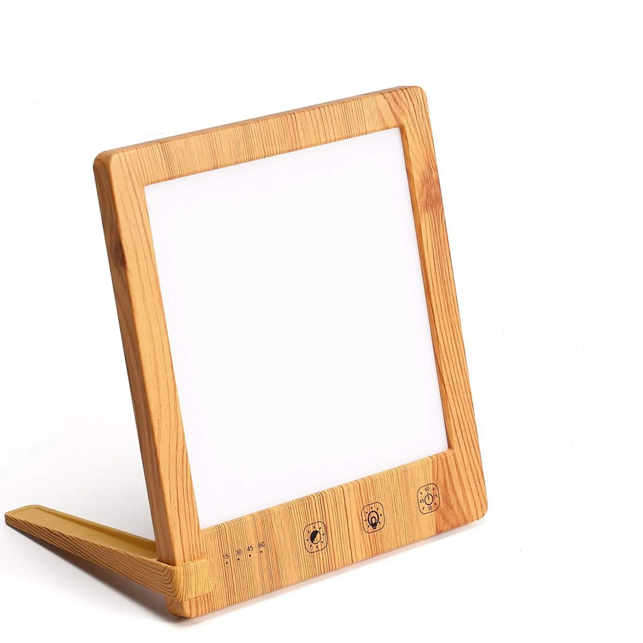 Ein helles Lichtgerät mit Holzrahmen und Bedienknöpfen steht auf weißem Hintergrund.