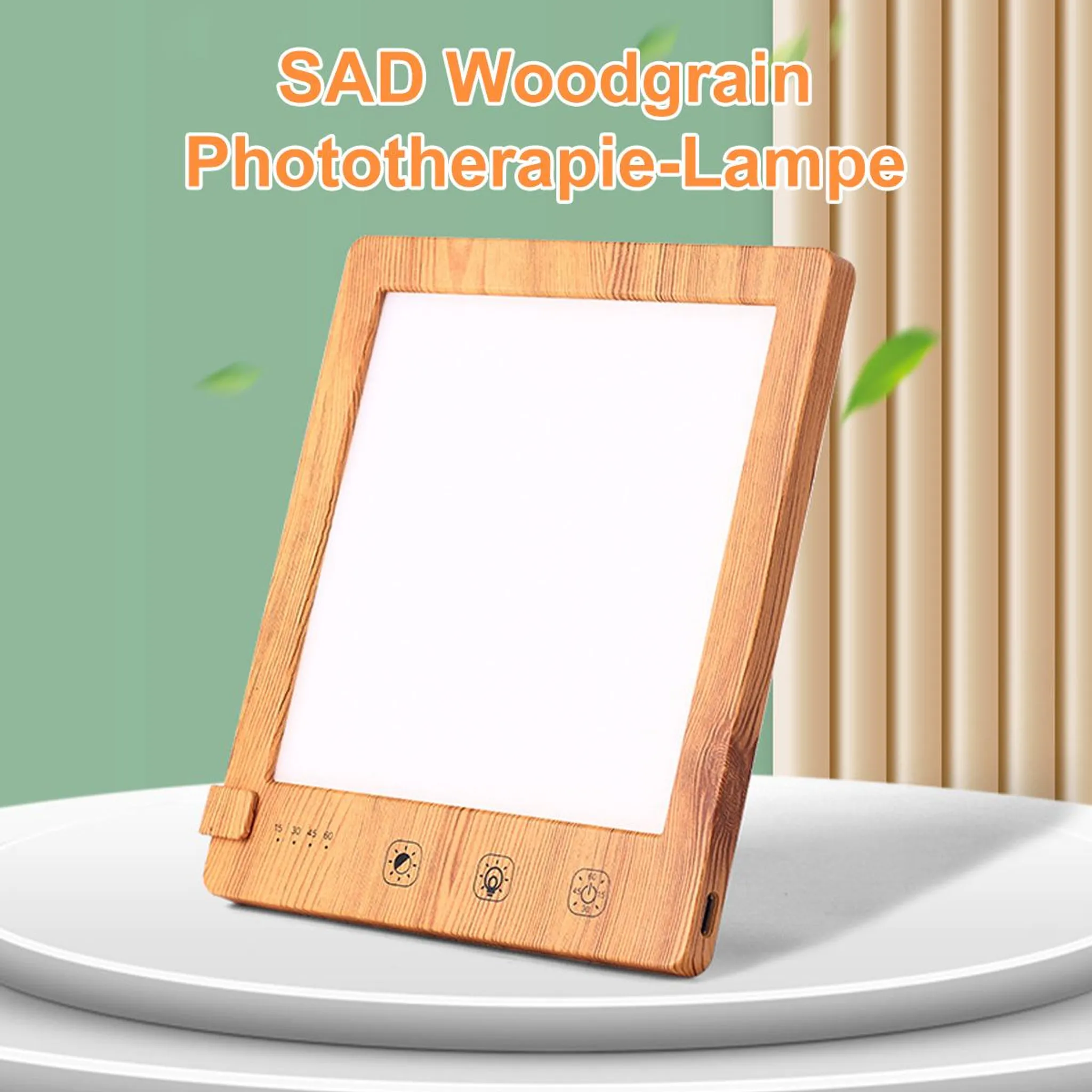 Holzmaserung SAD-Lampe mit hellem Licht und Bedienelementen auf einer weißen Plattform.