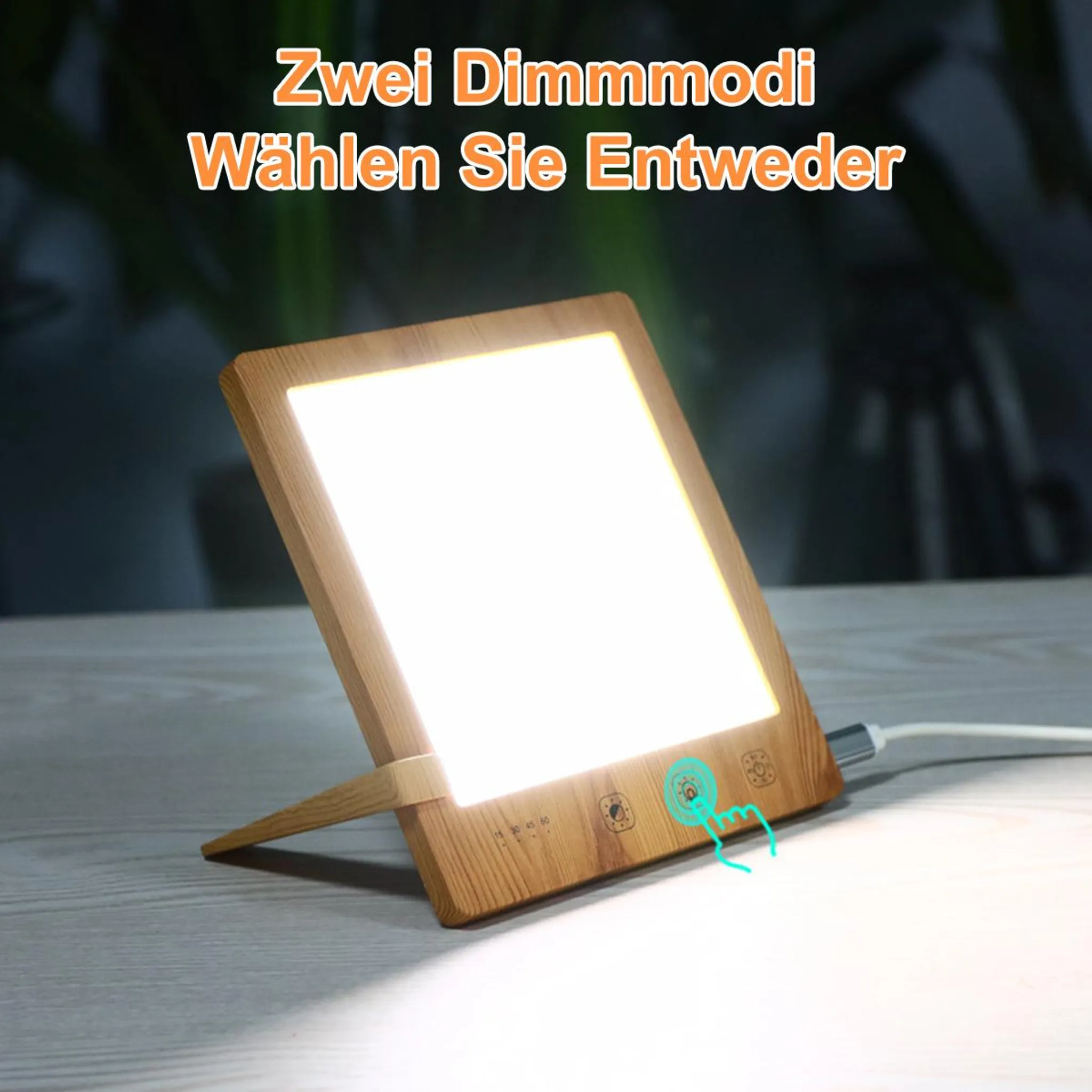 Eine helle Lichttherapielampe mit Holzrahmen auf einem Tisch. Textüberlagerung.