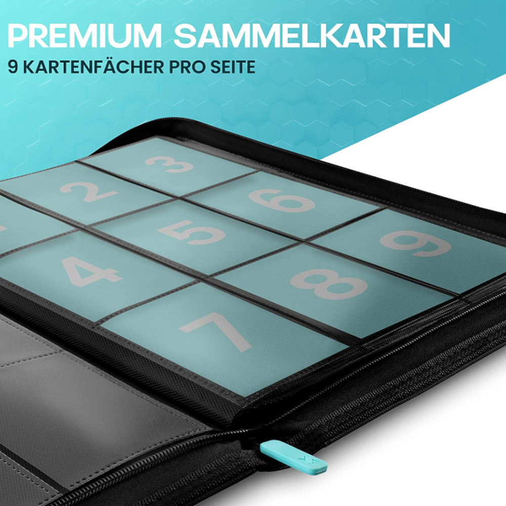 Offener Sammelkartenordner mit 9 Fächern pro Seite, nummeriert von 1 bis 9.