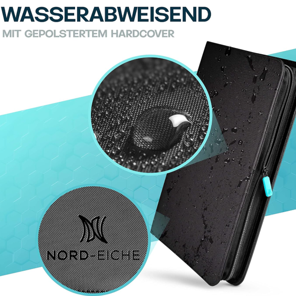 Schwarzer Ordner mit Reißverschluss, Wassertropfen und Logo.