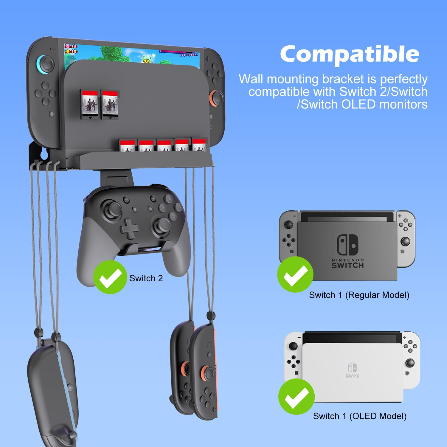 Nintendo Switch Zubehör an einer grauen Halterung montiert. Zeigt Switch 2, Controller und Spiele.