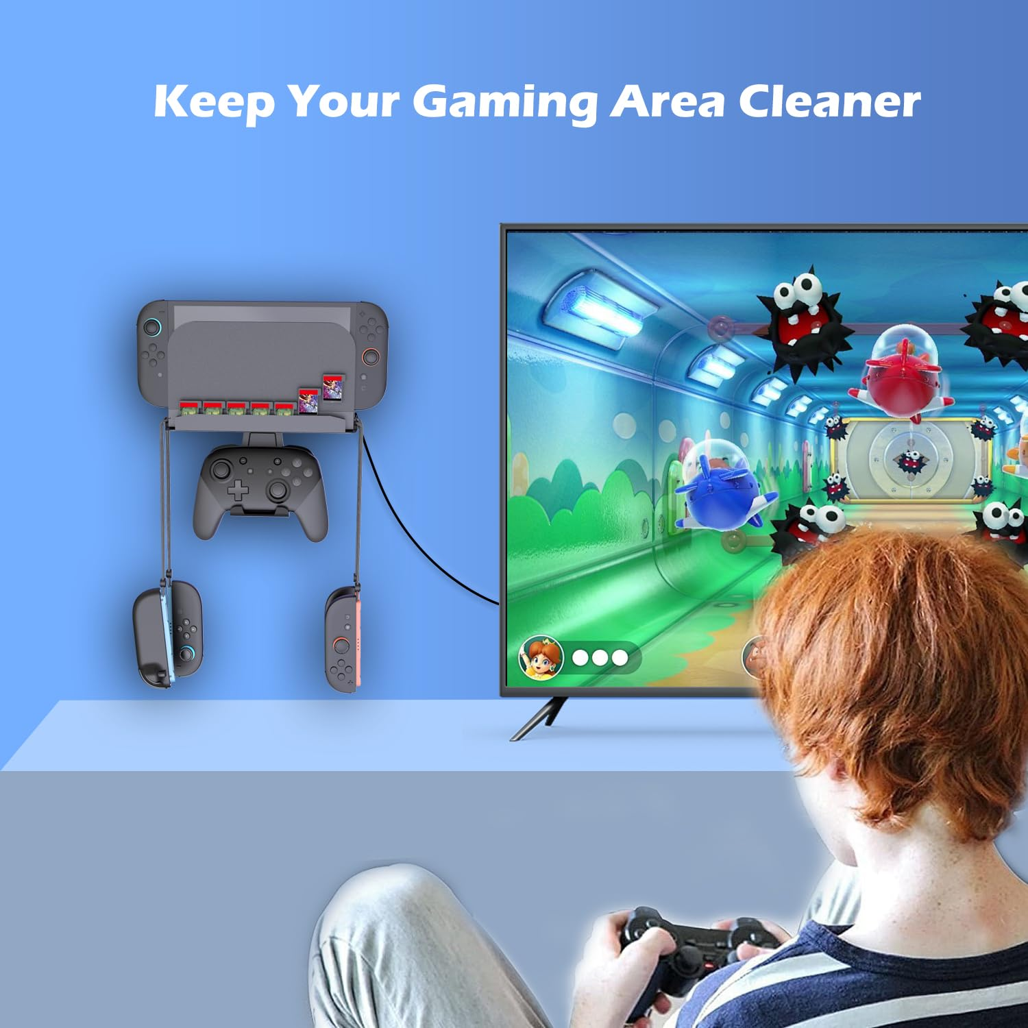 Ein Spieler spielt ein Videospiel auf einem Fernseher, während ein Nintendo Switch-Zubehör daneben hängt.