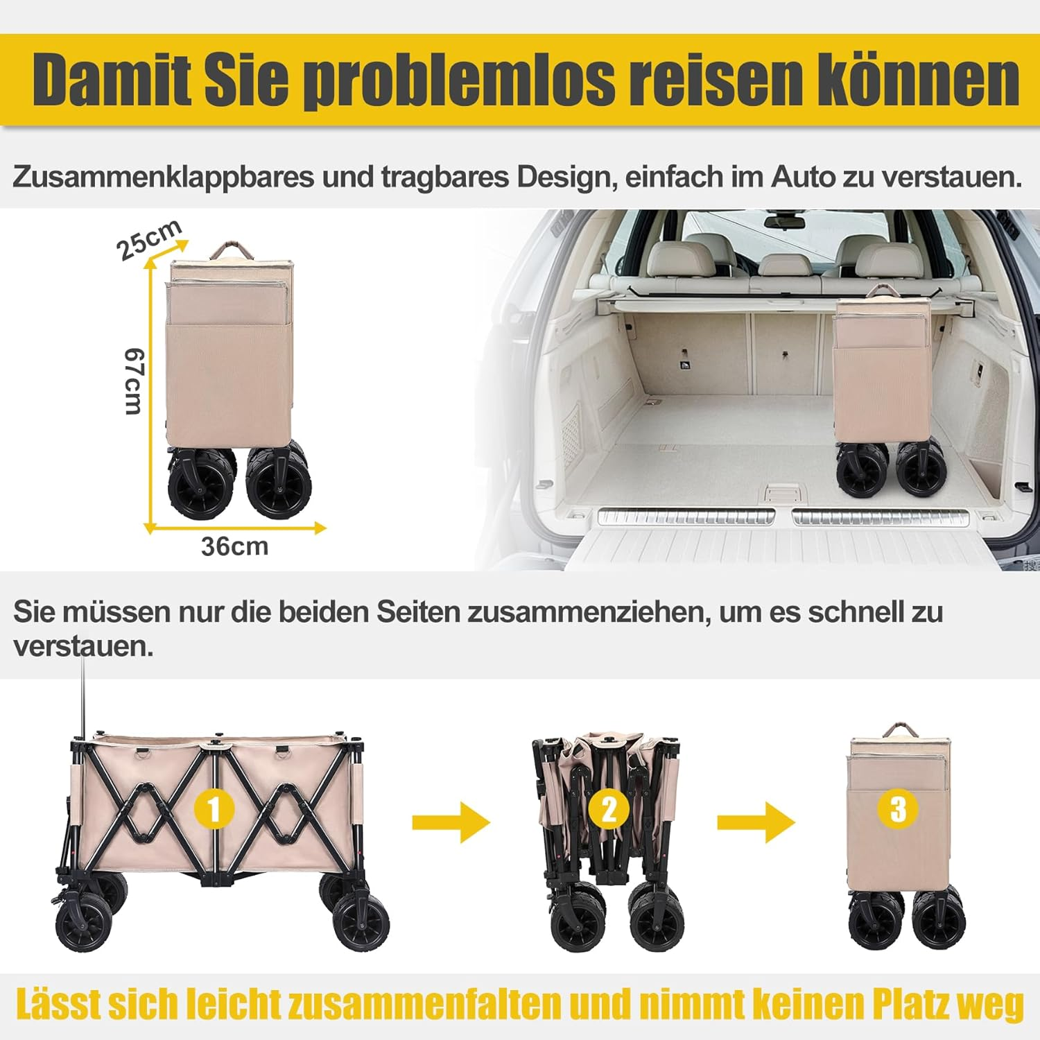 Ein beigefarbener, faltbarer Wagen mit Rädern, gezeigt in einem Auto-Kofferraum.