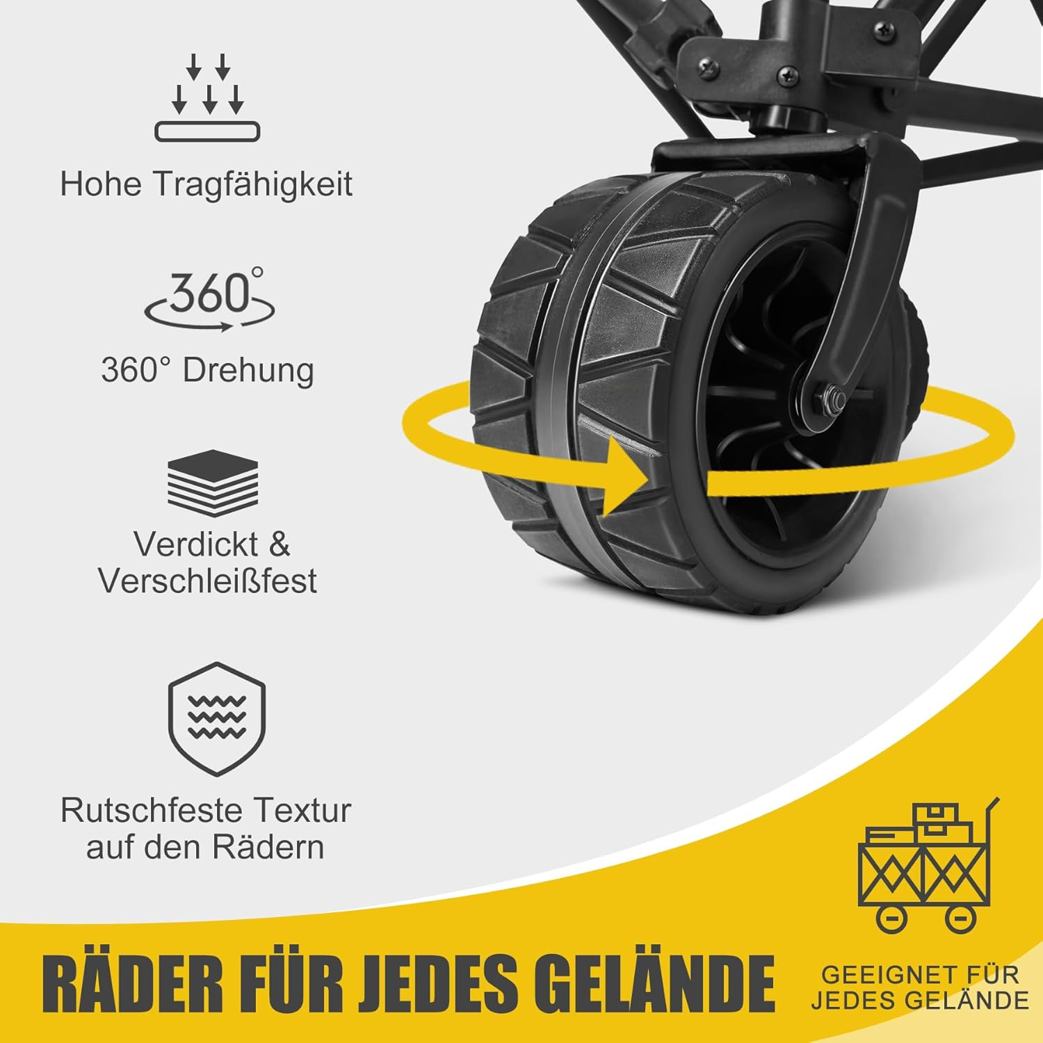 Nahaufnahme eines robusten Rades mit Textbeschreibungen.
