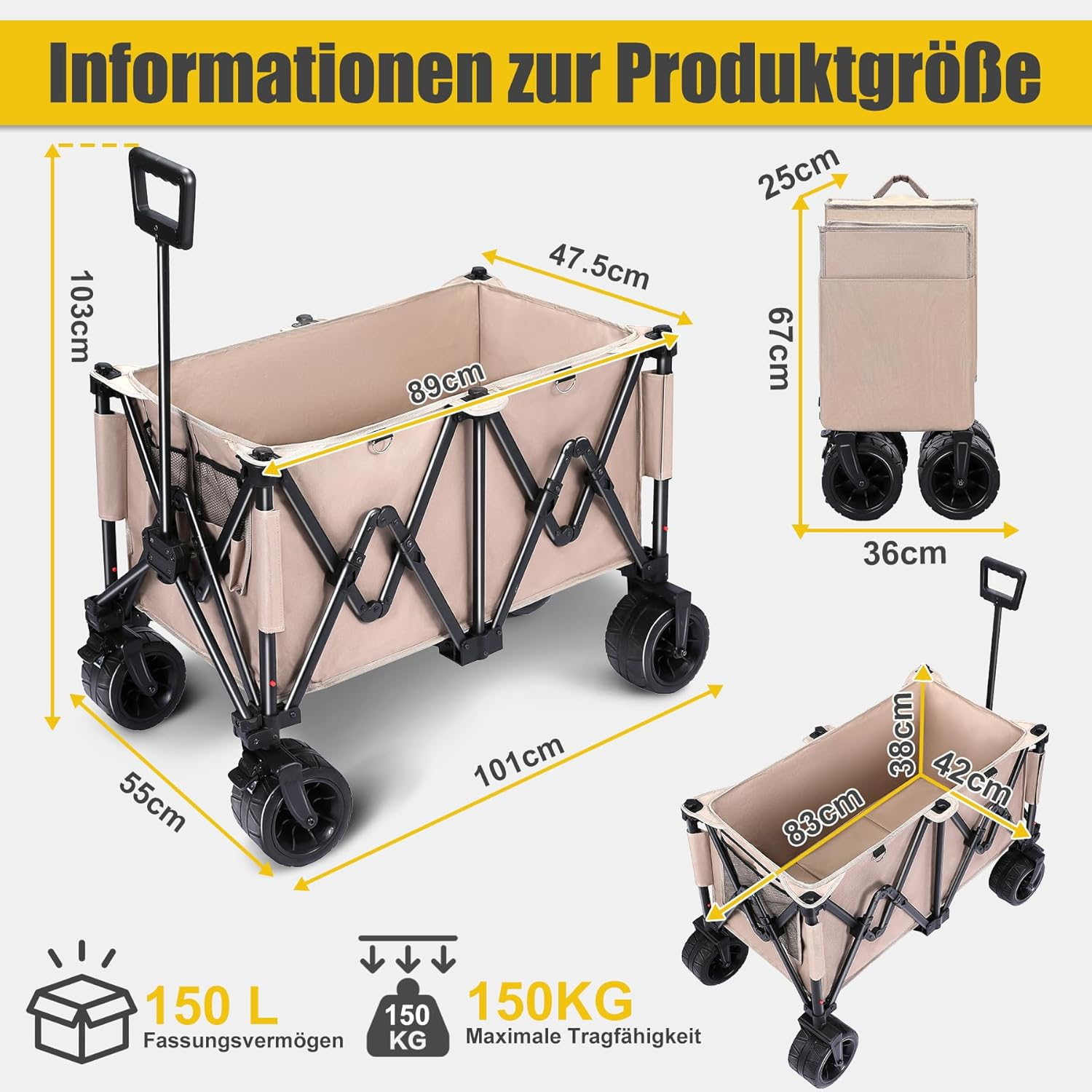Ein beiger Faltwagen mit Maßen und Tragfähigkeitsangaben.