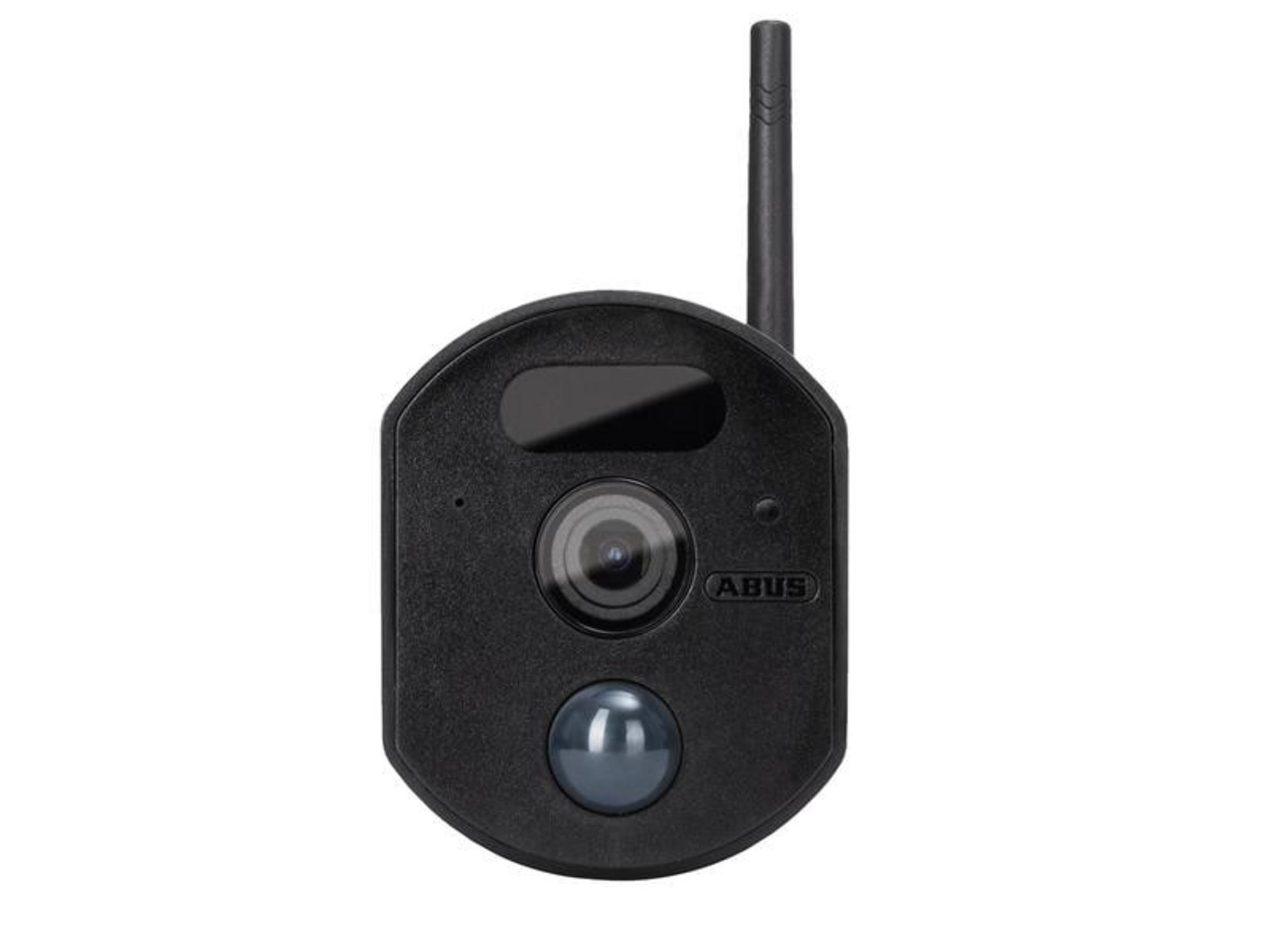 Schwarze Überwachungskamera mit Linse, Sensor und Antenne.