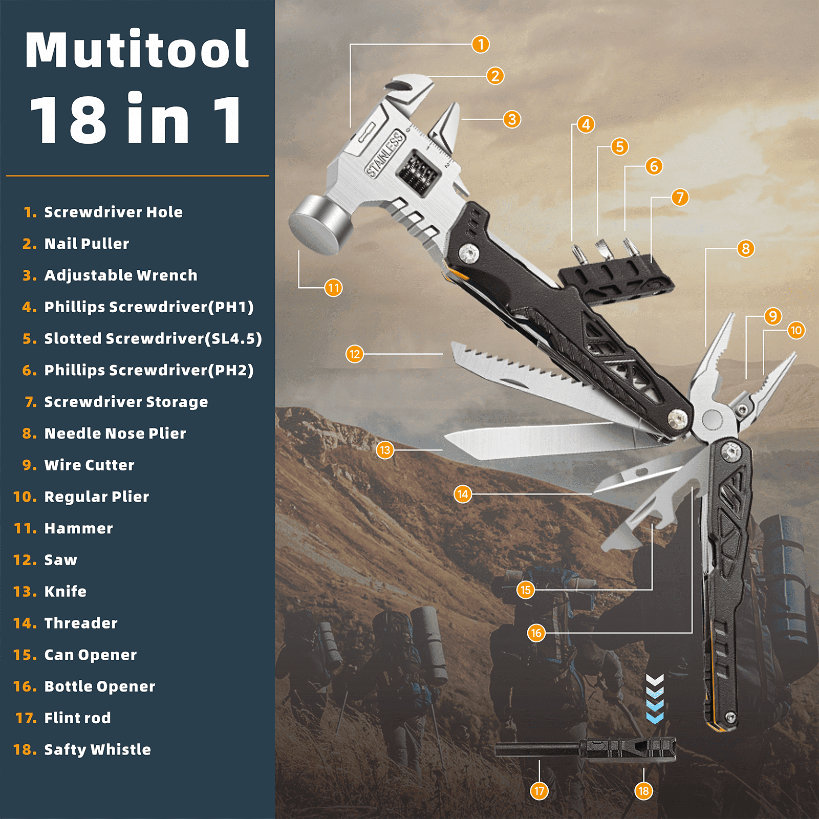 Ein Multitool mit Hammer, Zange, Säge, Messer, Flaschenöffner und mehr auf Berglandschaft.
