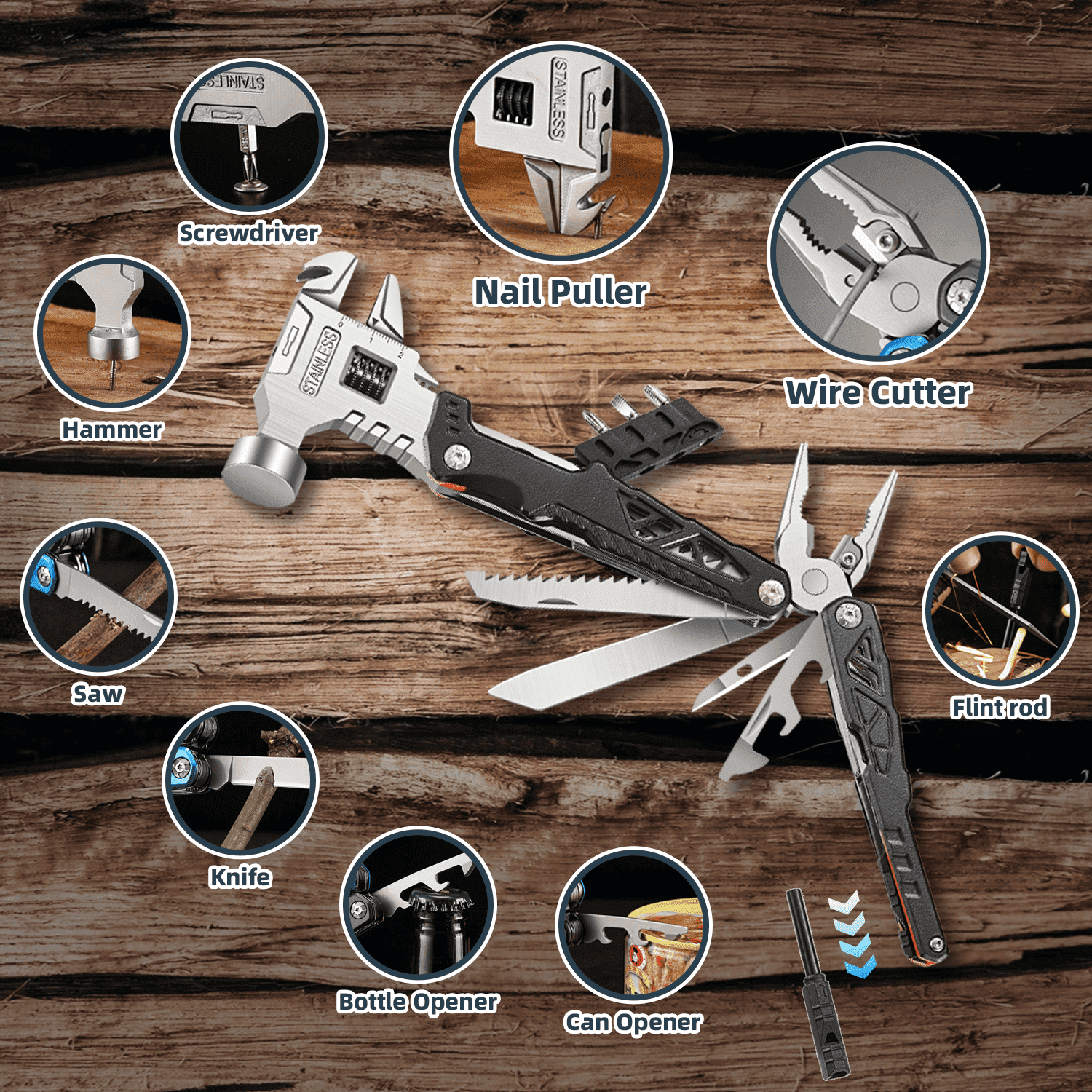 Ein Multitool mit Hammer, Schraubendreher, Säge, Drahtschneider, Flaschenöffner und Feuerstein.