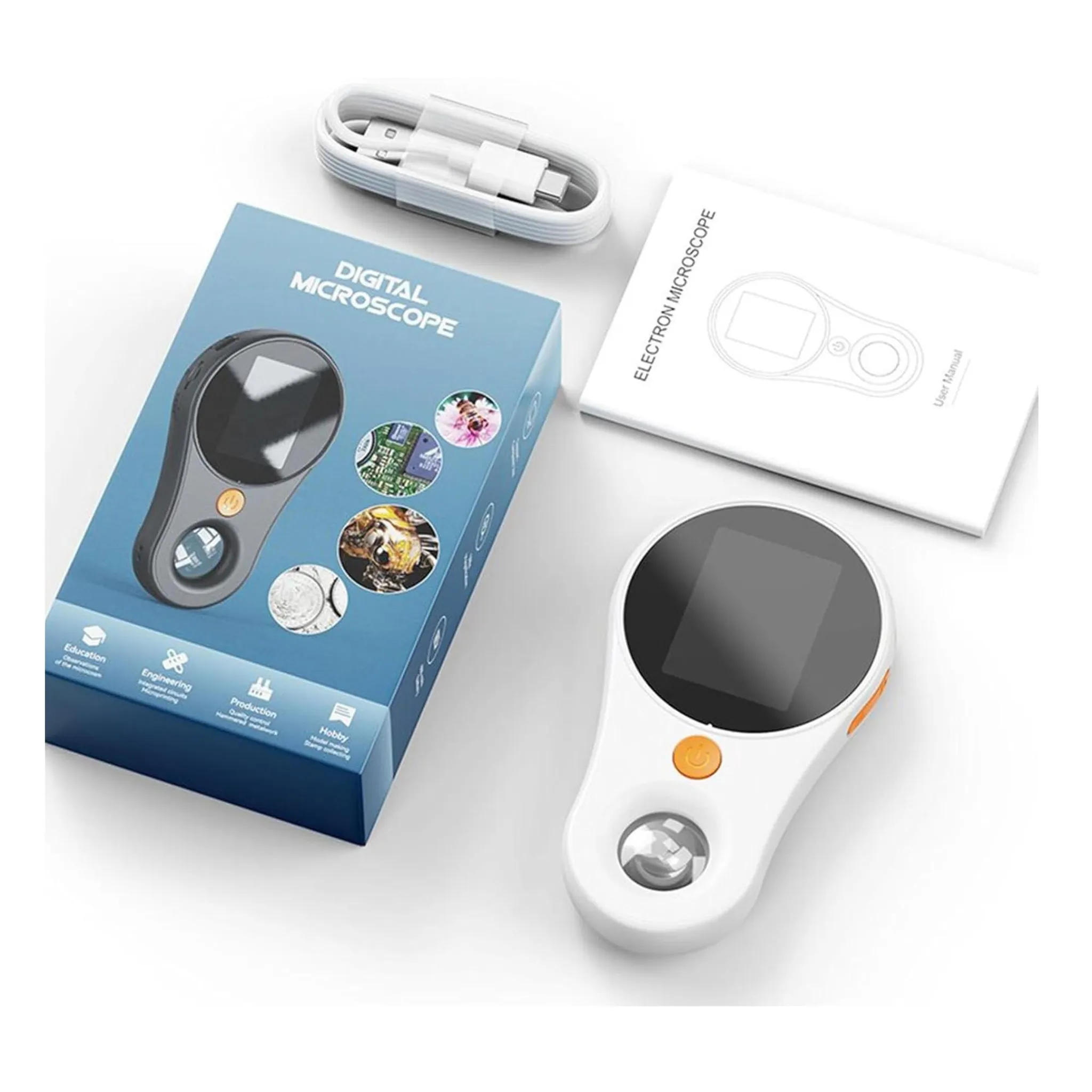 Digitalmikroskop mit Zubehör und Verpackung auf weißem Hintergrund.