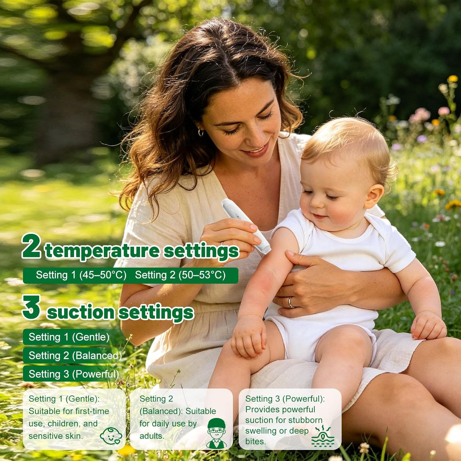 Mutter hält Baby im Garten, benutzt Insektenstich-Behandlungsgerät mit 2 Heiz- und 3 Saugstufen.
