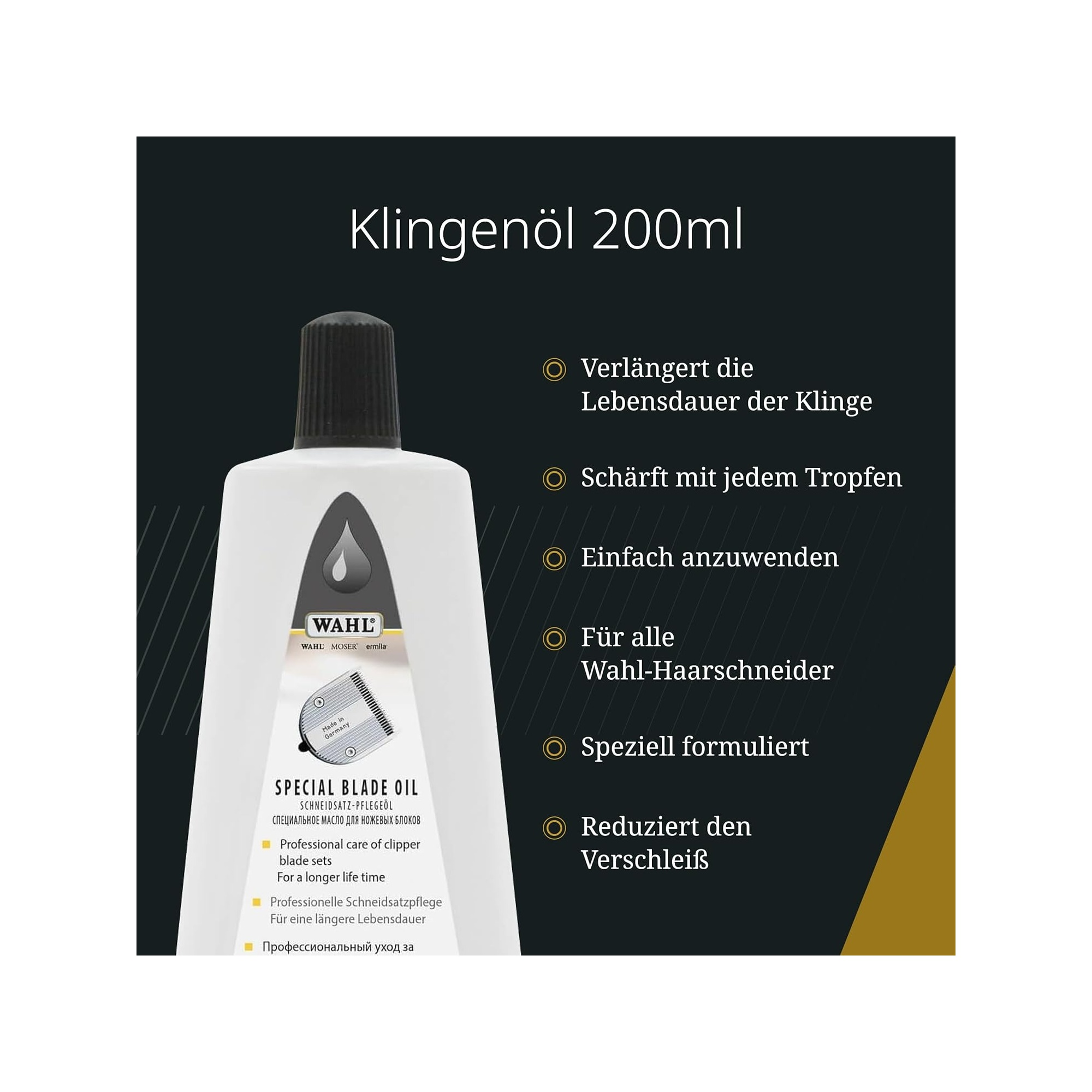 Flacone di olio per lame Wahl da 200 ml, con testo tedesco e informazioni.