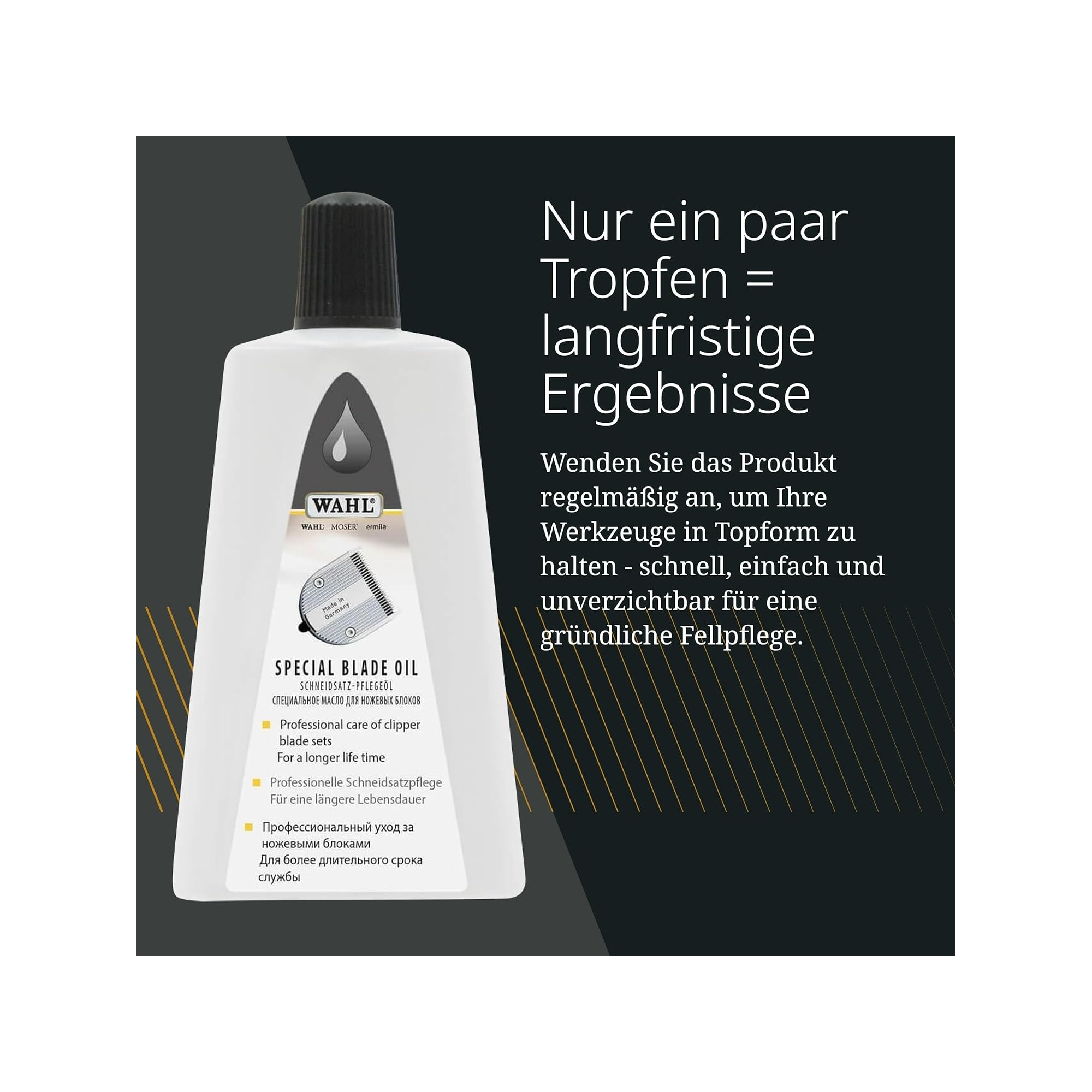 Flacone di olio speciale per lame Wahl. Testo in tedesco e inglese.