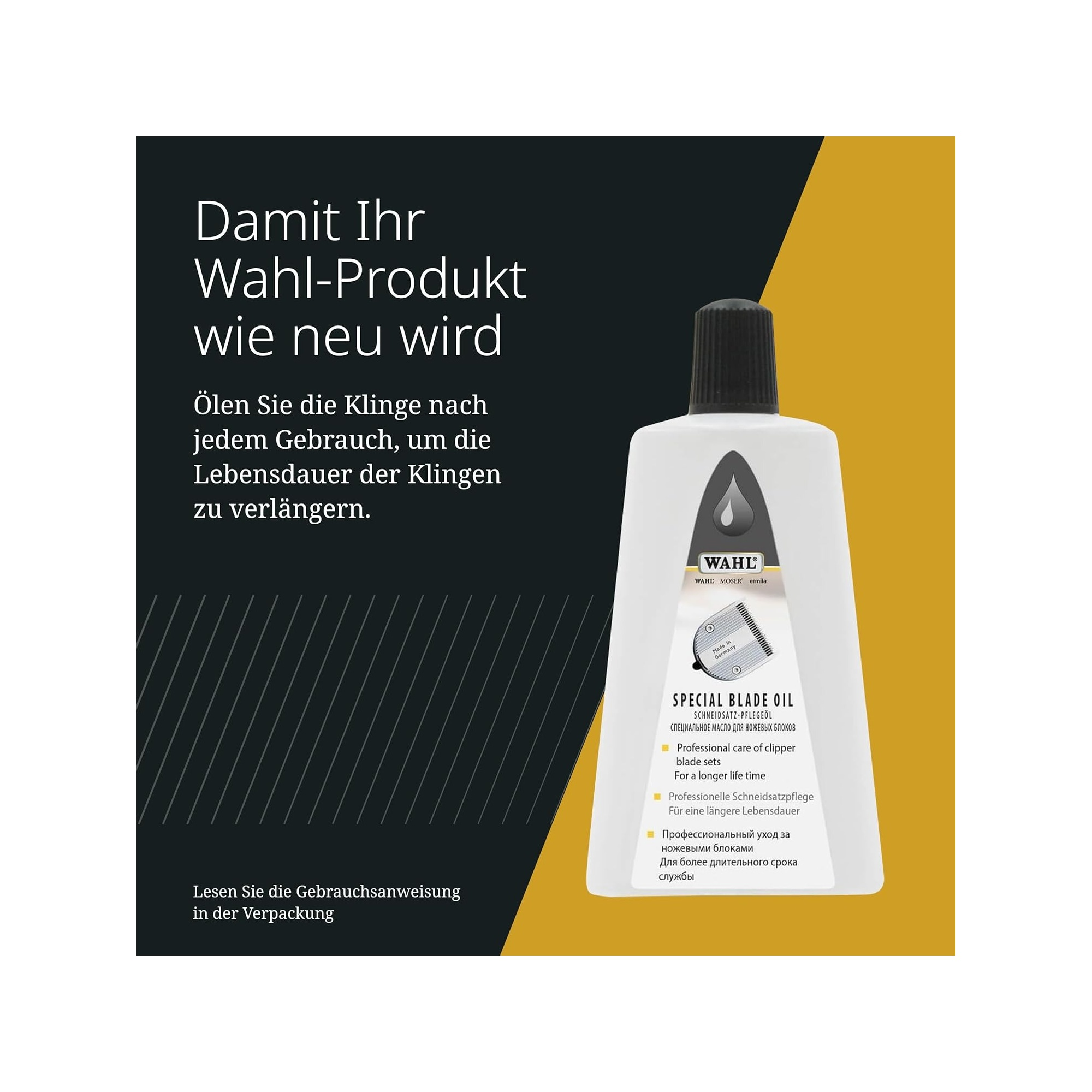 Flacone di olio speciale per lame Wahl accanto a testo sulla cura delle lame.