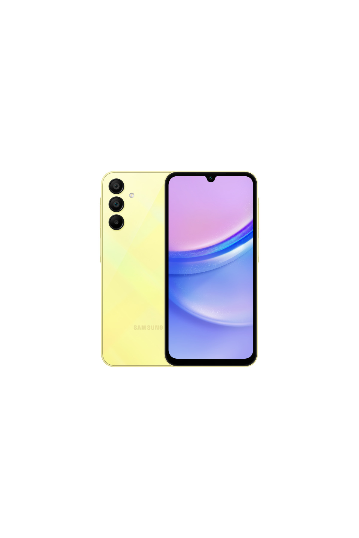 Üç arka kamerası ve ekranı olan sarı Samsung akıllı telefon, ön ve arka görünümüyle.