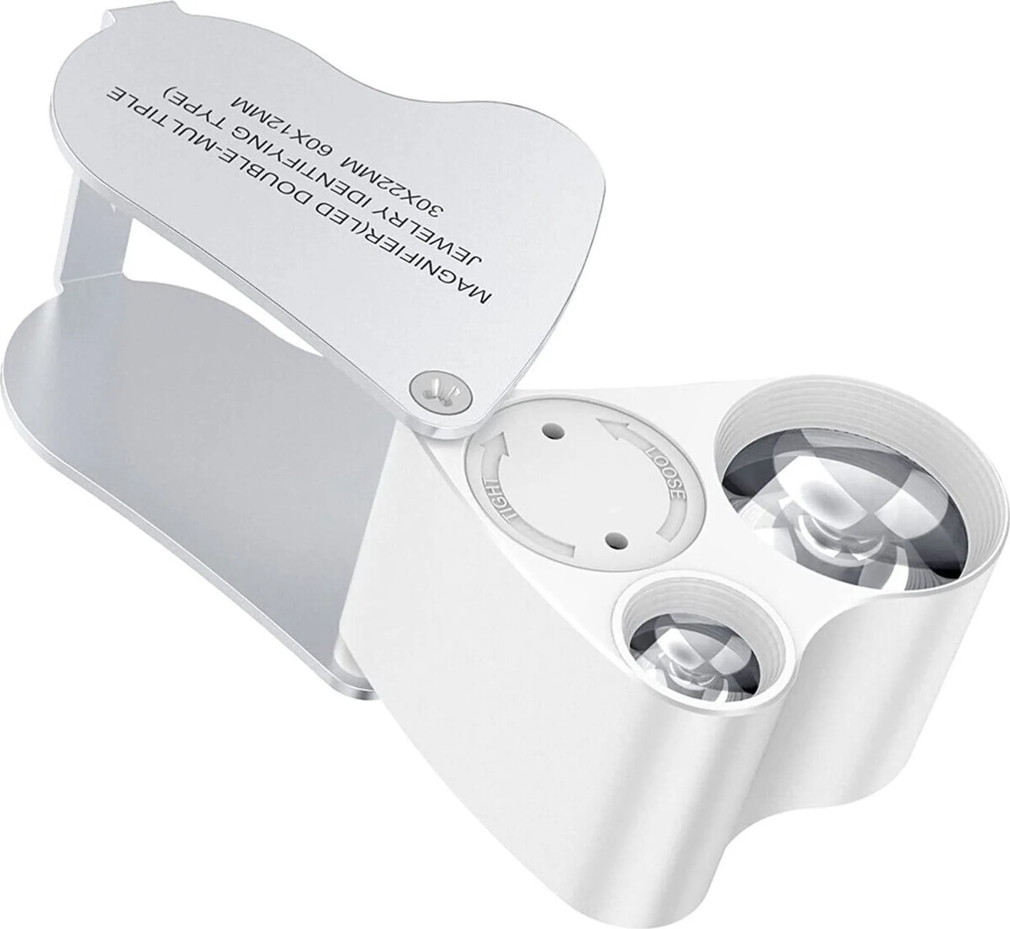 Weiße LED-Schmucklupe mit zwei Linsen und Klappdeckel.
