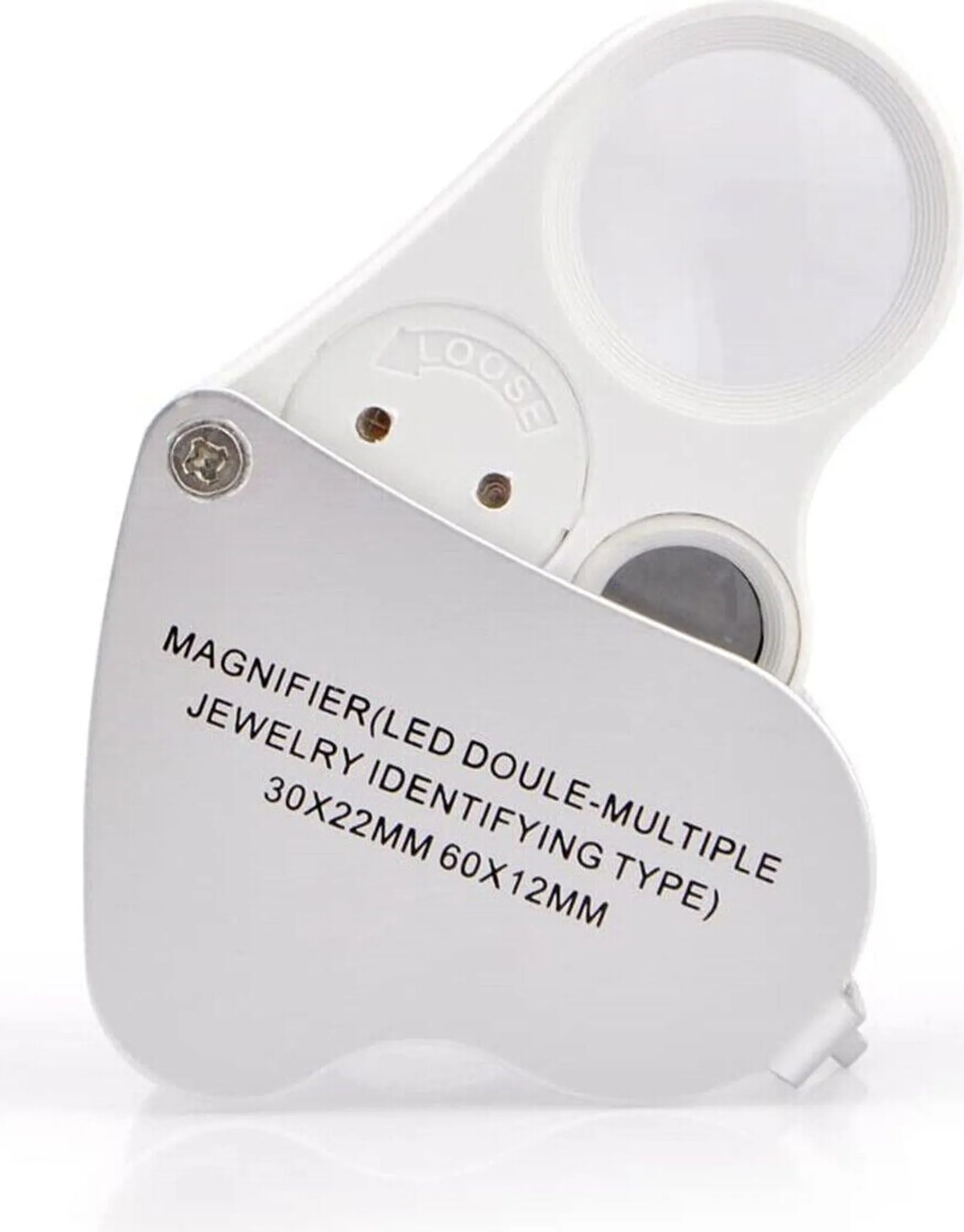 Ein weißes Klapplupe mit silbernem Metallgehäuse und Beschriftung.