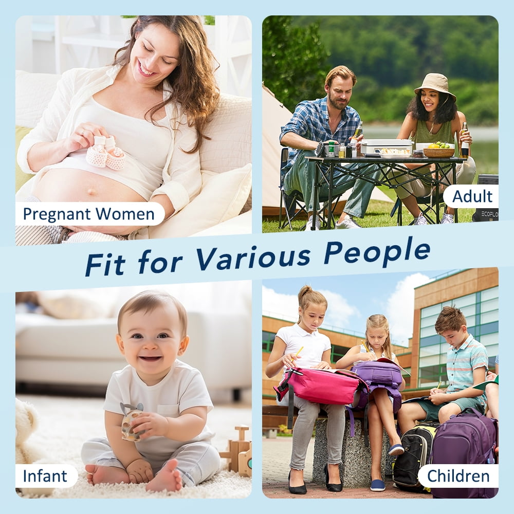 Collage zeigt schwangere Frauen, Erwachsene beim Camping, ein Baby und Kinder beim Lernen.