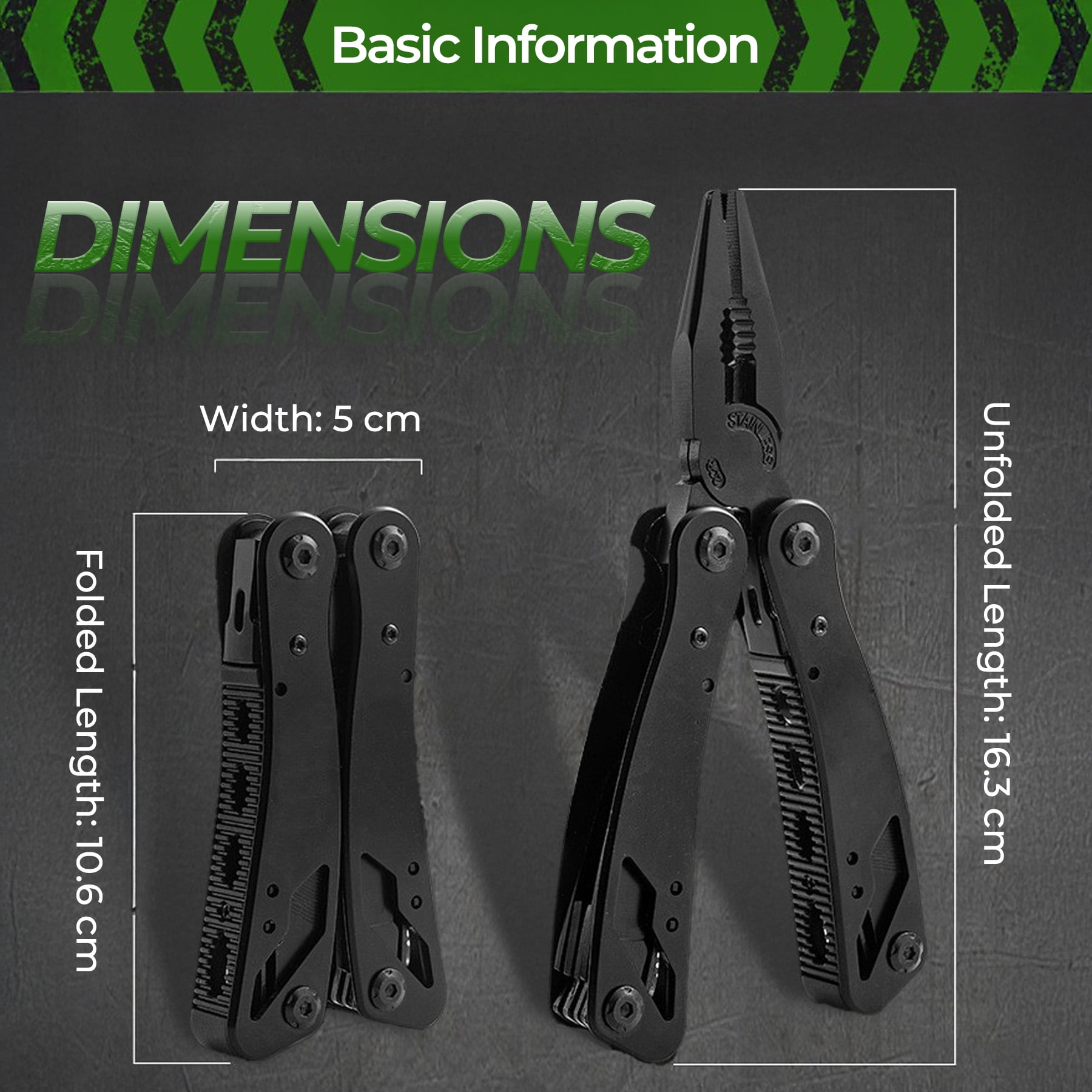 Ein schwarzes Multitool, gefaltet und entfaltet, mit Maßen.