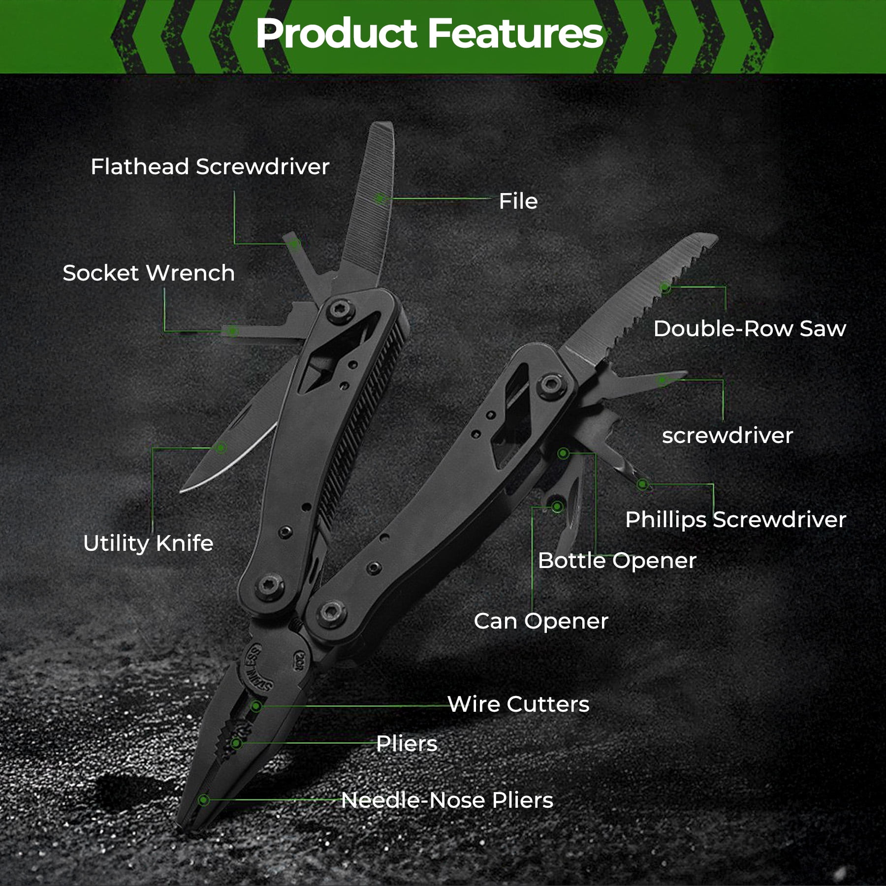 Ein schwarzes Multitool mit vielen Werkzeugen wie Zange, Säge, Schraubendrehern.