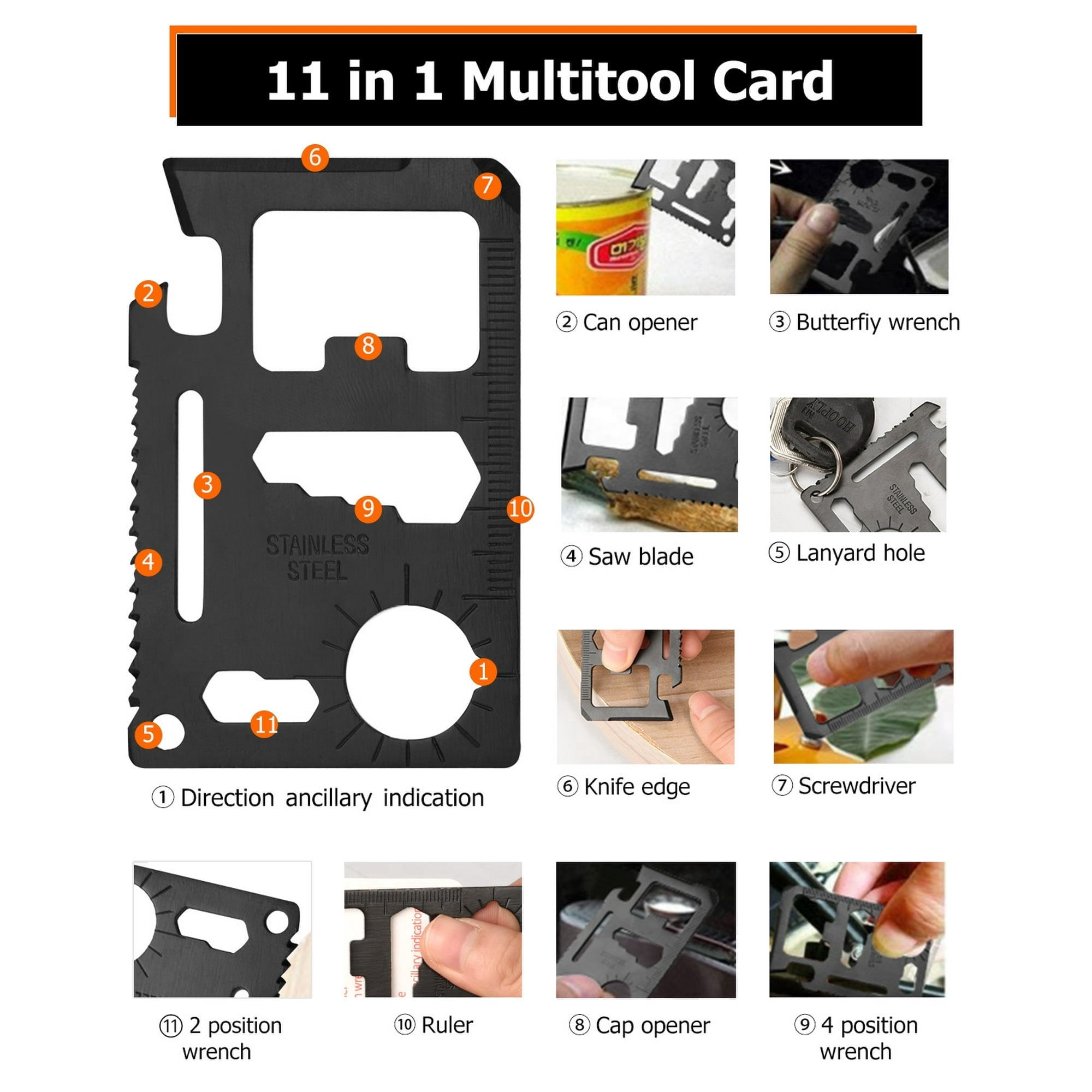Schwarze 11-in-1 Multitool-Karte mit beschrifteten Funktionen wie Dosenöffner, Säge, Lineal.