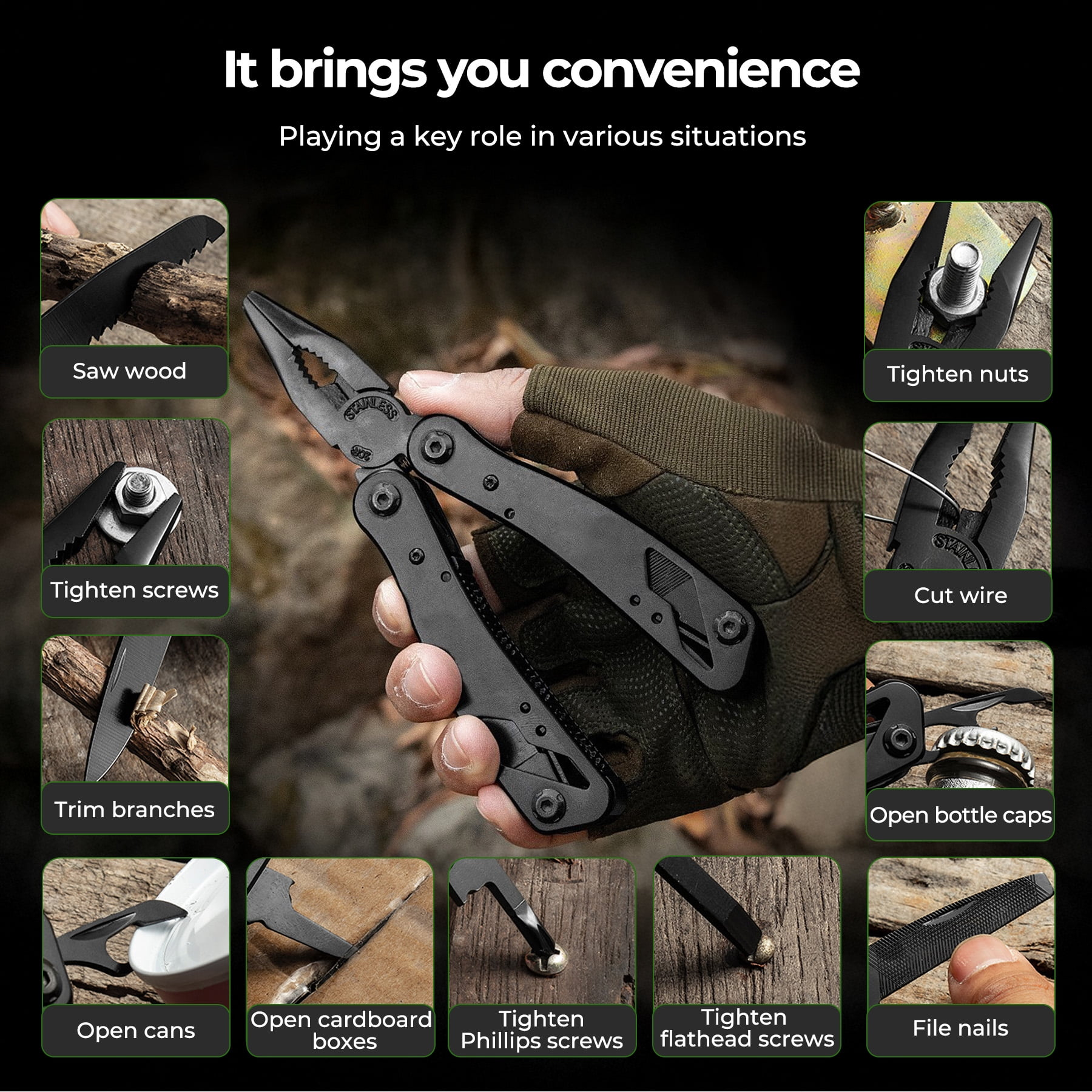 Ein Multitool mit verschiedenen Werkzeugen wie Zange, Säge und Schraubendrehern.